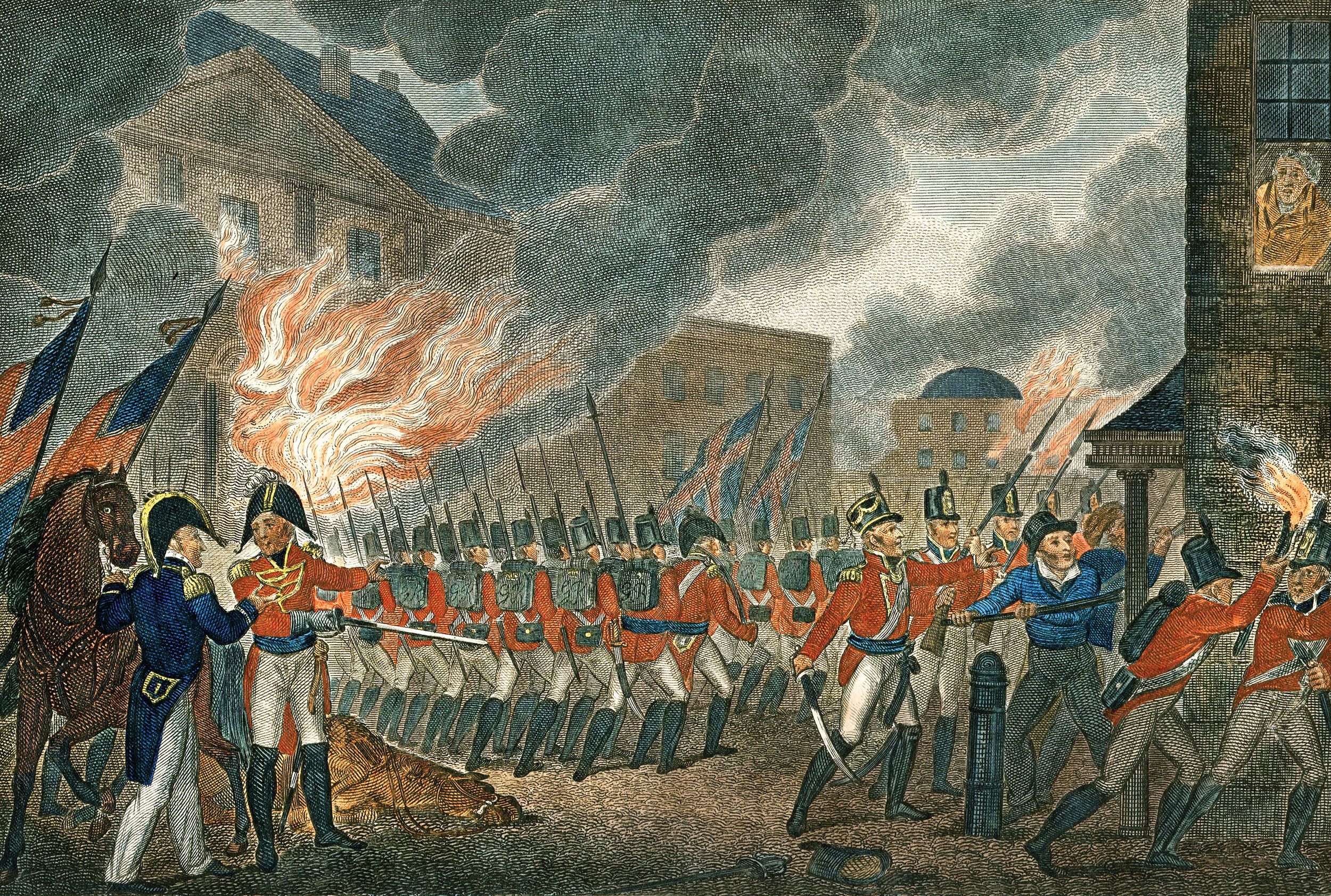 After defeating American forces at the Battle of Bladensburg in nearby Maryland, British troops under Admiral George Cockburn marched on Washington, setting fire to multiple public buildings, including the White House, and the U.S. Capitol.