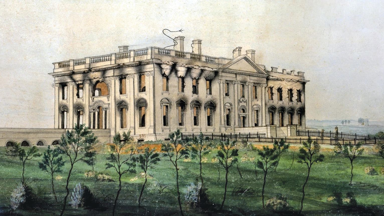 The White House as it appeared after the attack, with soot and ash visible above the windows. Mordecai Booth tried to alert the President of the impending British attack, but found that the President, First Lady, staff, and his military guard had already evacuated. 