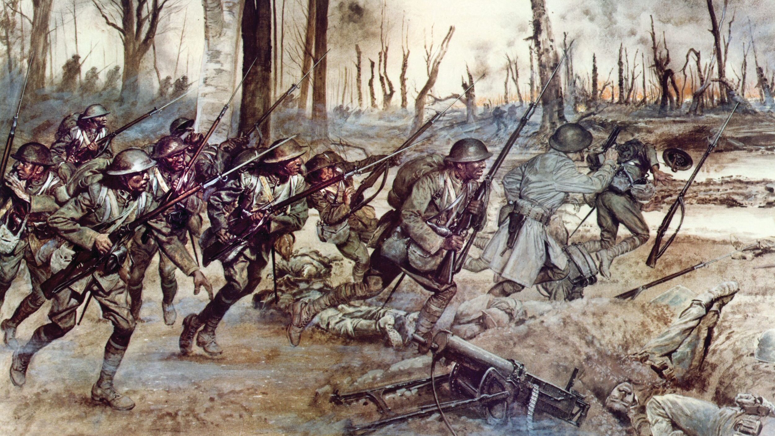 Soldiers of the 369th Infantry charge a German position during the Meuse-Argonne Offensive on September 29, 1918, in “Hell Fighters from Harlem,” by H. Charles McBarron. The village of Séchault was taken, earning the Croix de Guerre for the entire regiment, which lost nearly a third of its men in the offensive.