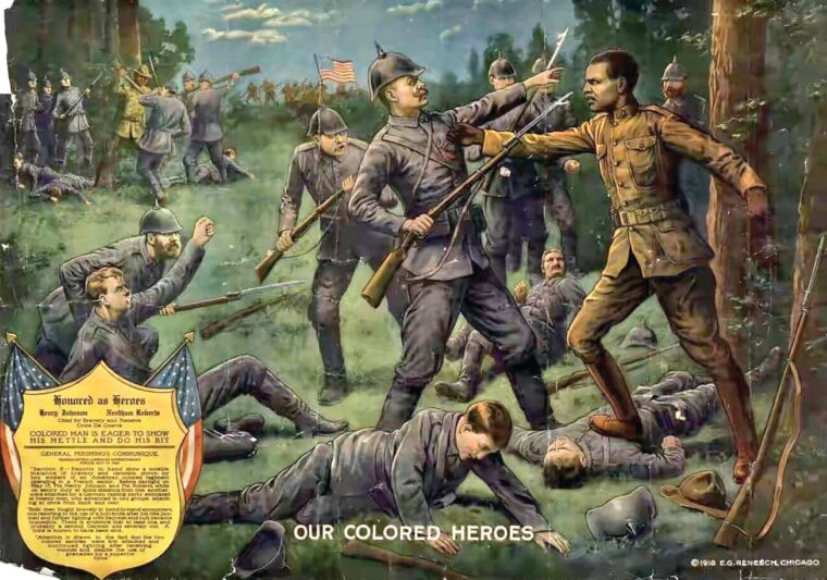 This illustration published in 1918 depicts Corporal Henry Johnson and Private Robert Needham, as they fought off a German raid, despite multiple wounds.