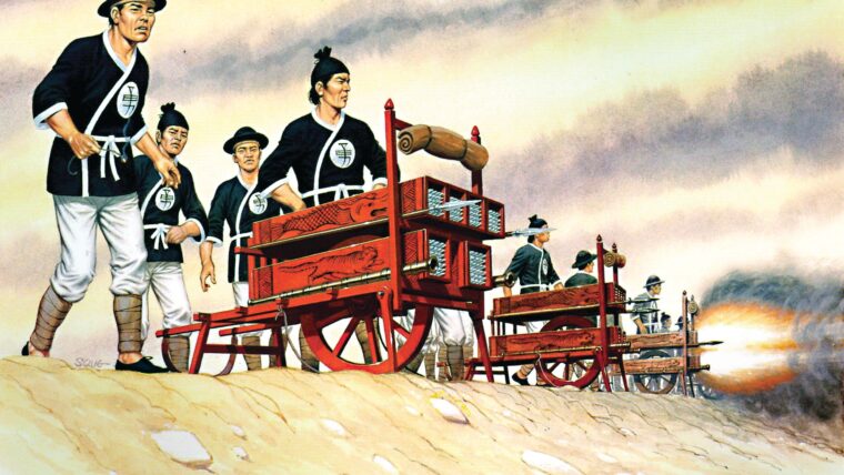An early version of the hwacha “fire cart” rocket launcher was developed by the Chinese about 1450 CE, and could be carried on a cart that could be easily moved on the battlefield. Tubes contain arrows with rockets attached that are lit by the gunner holding a match at left.