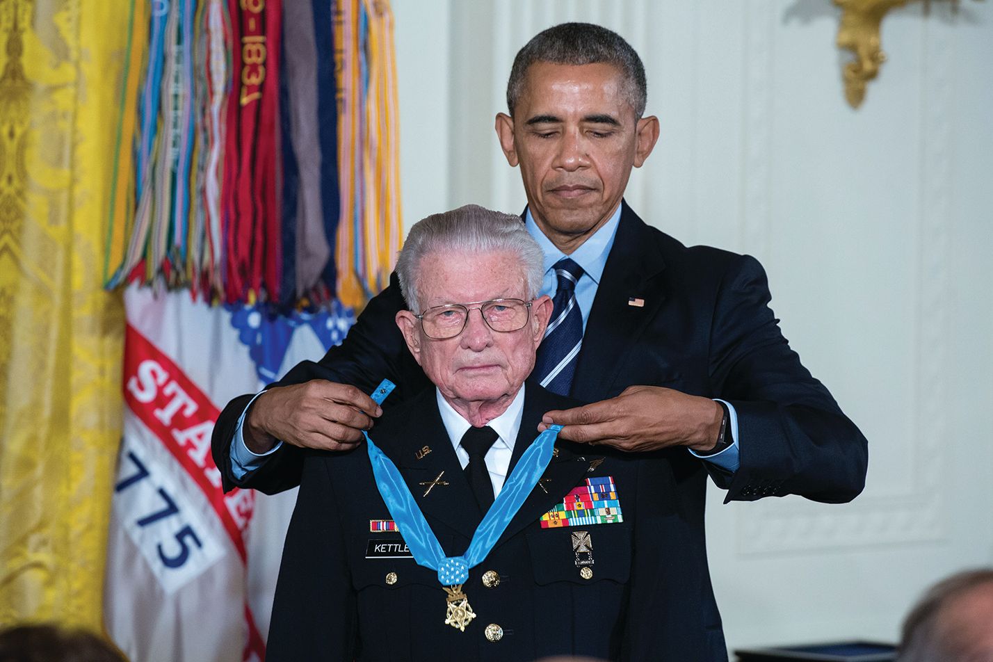 Lt. Col.  Charles Kettles receives the Medal of Honor from President Barrack Obama on July 18, 2016, for actions during a battle near Duc Pho, on May 15, 1967. Kettles, was credited with evacuating dozens of Soldiers in a UH-1D Huey helicopter under intense enemy fire.