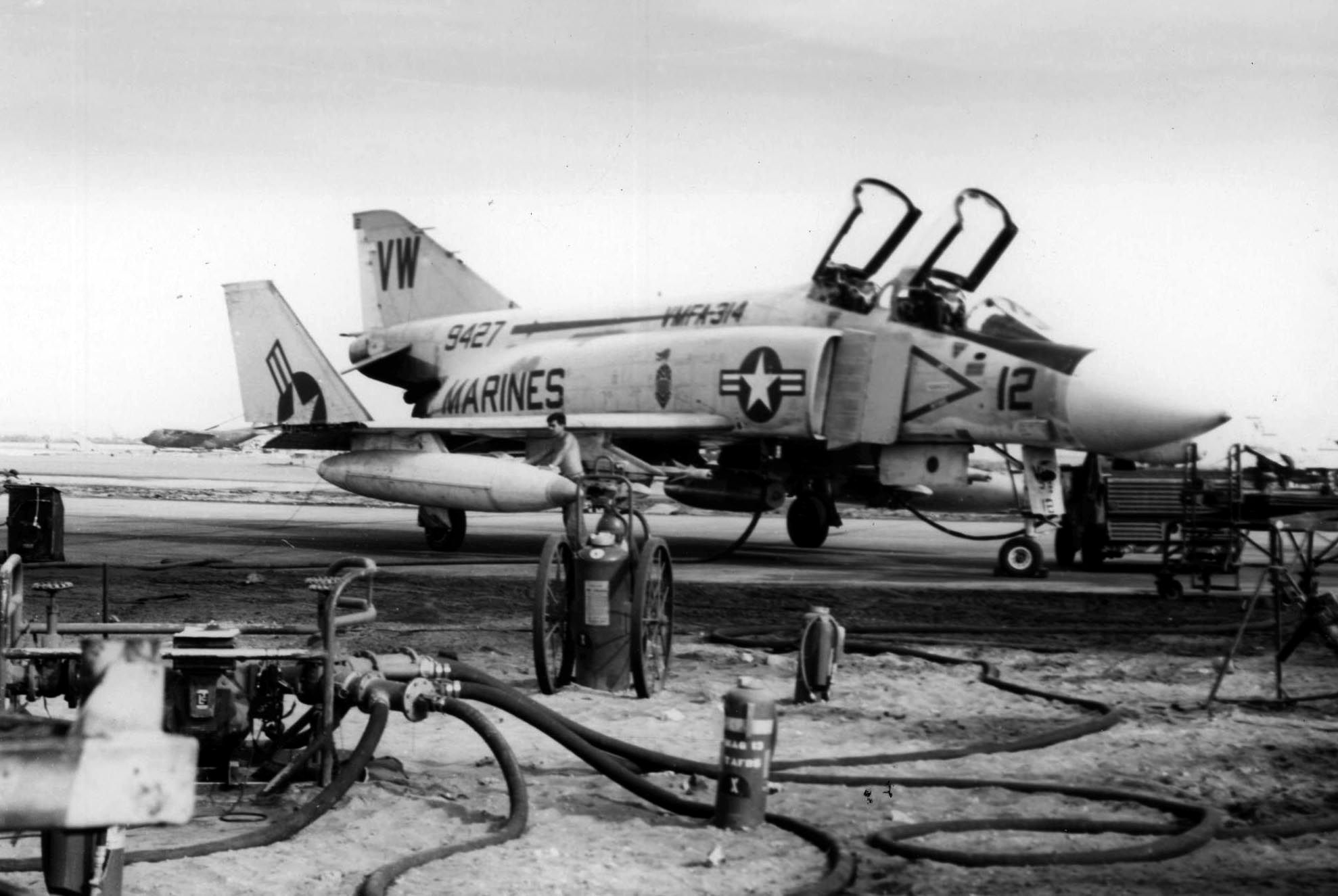 This F-4 Phantom II  from  Marine Aircraft Group 13, as well as A-4 Skyhawks (Marine Aircraft Group 12), operated from Chu Lai to support ground operations with 500 pound bombs and napalm.