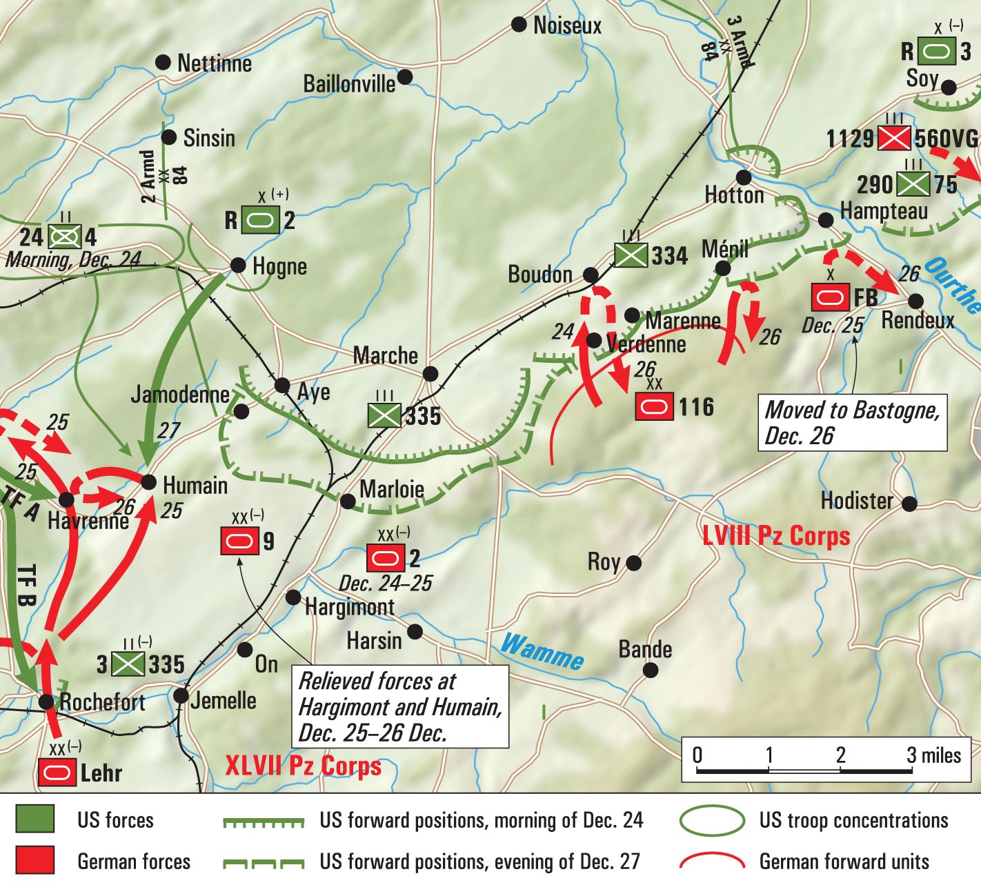 The 84th Infantry Division assumed a defensive role around the towns of Marche and Hooten as Allied forces sought to stem the German tide during the Battle of the Bulge. The Nazi Ardennes Offensive ended in failure after about a month of fighting. 