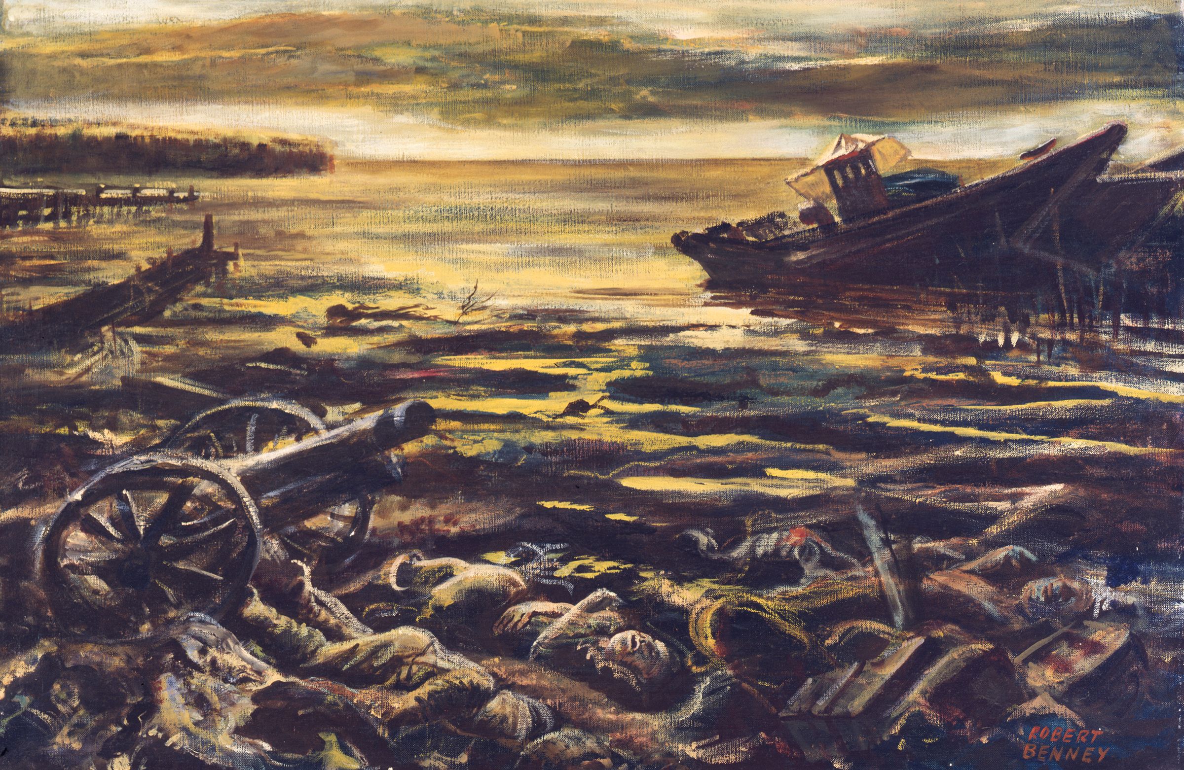 The bodies of Japanese soldiers and their discarded weapons lie in heaps following a failed Banzai charge on the island of Saipan in this painting by artist Robert Benney. Casualties were heavy on both sides, and American wounded were heard calling for help after their perimeter positions had been overrun.