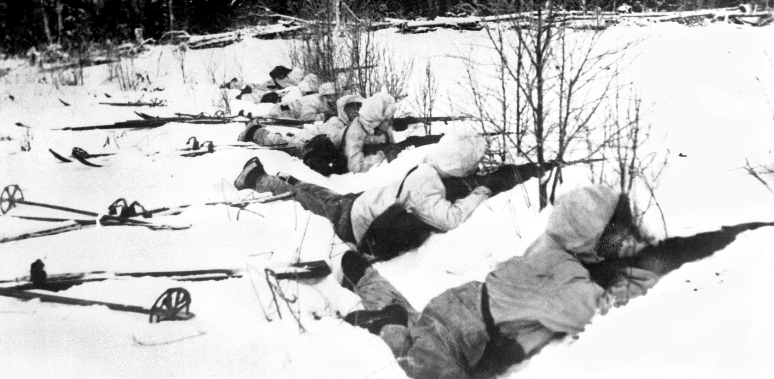 Finnish ski troops took a heavy toll on the Soviet infantry units sent to fight in Finland. Employing speed and remarkable marksmanship, they were feared and respected. In this image a group of Finnish ski troops takes aim during the Winter War.