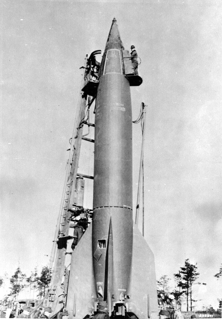 This image of a V-2 rocket being prepared for launch was found in the pocket of a German prisoner. The U.S. military undertook Operation Paperclip to bring Nazi rocket technology to the United States after World War II.