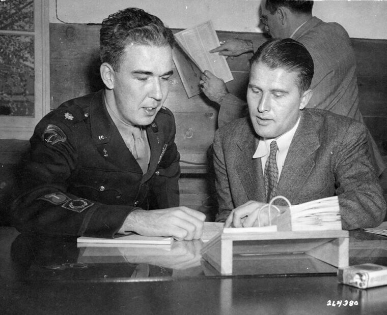 Major James P. Hamill, left, an ordnance expert ordered to work with German scientists after World War II, is shown with Dr. Wehrner von Braun, the foremost of the German rocket scientists who came to the U.S. This photo was taken in 1946, during discussions and research being conducted at the White Sands Proving Ground in New Mexico. 