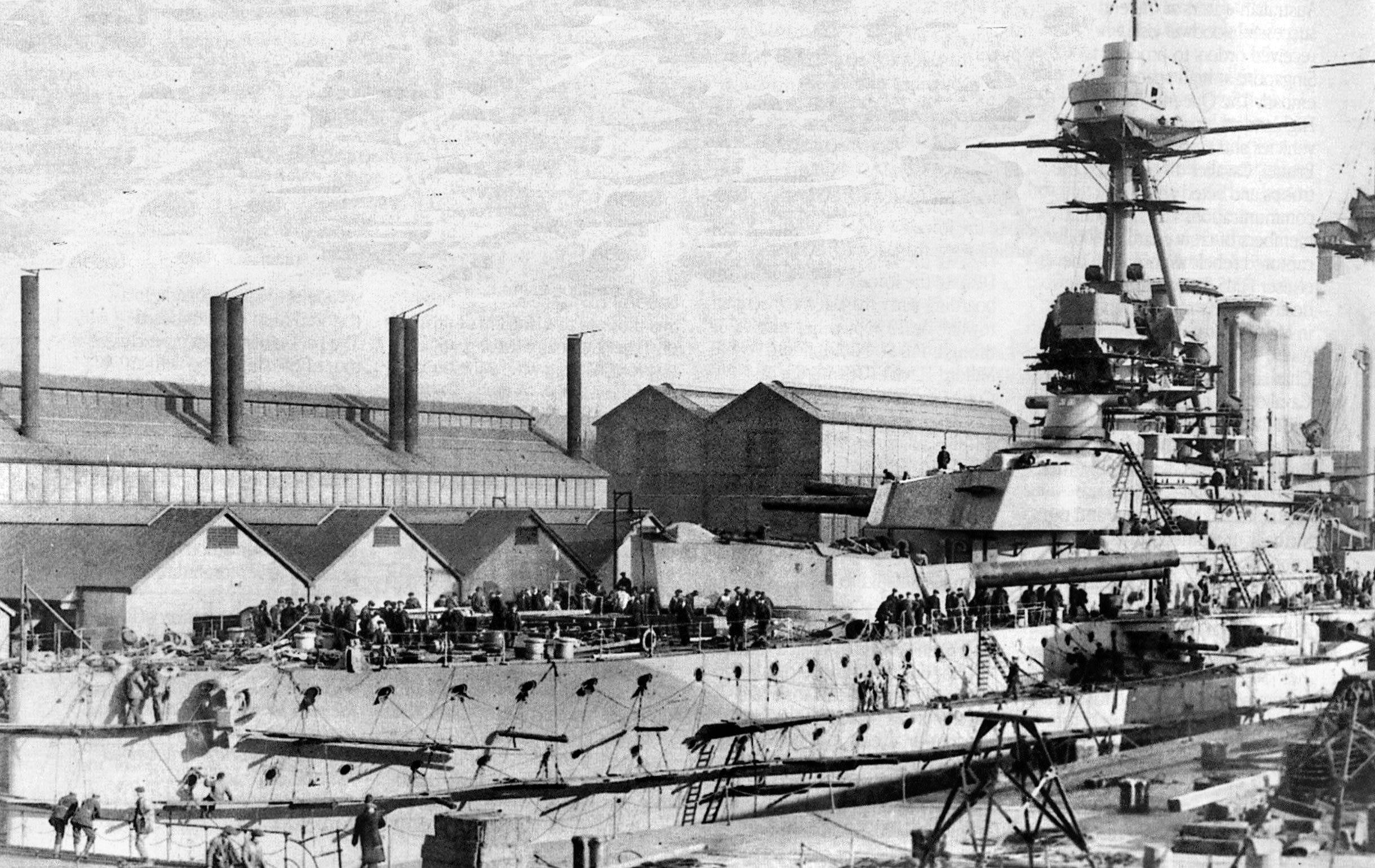 Workers swarm over the British Queen Elisabeth-class battleship HMS Warspite during her construction in Plymouth, October 1914. She fought at the Battle of Jutland on May 31, 1916, one of the largest naval battles of all time. 