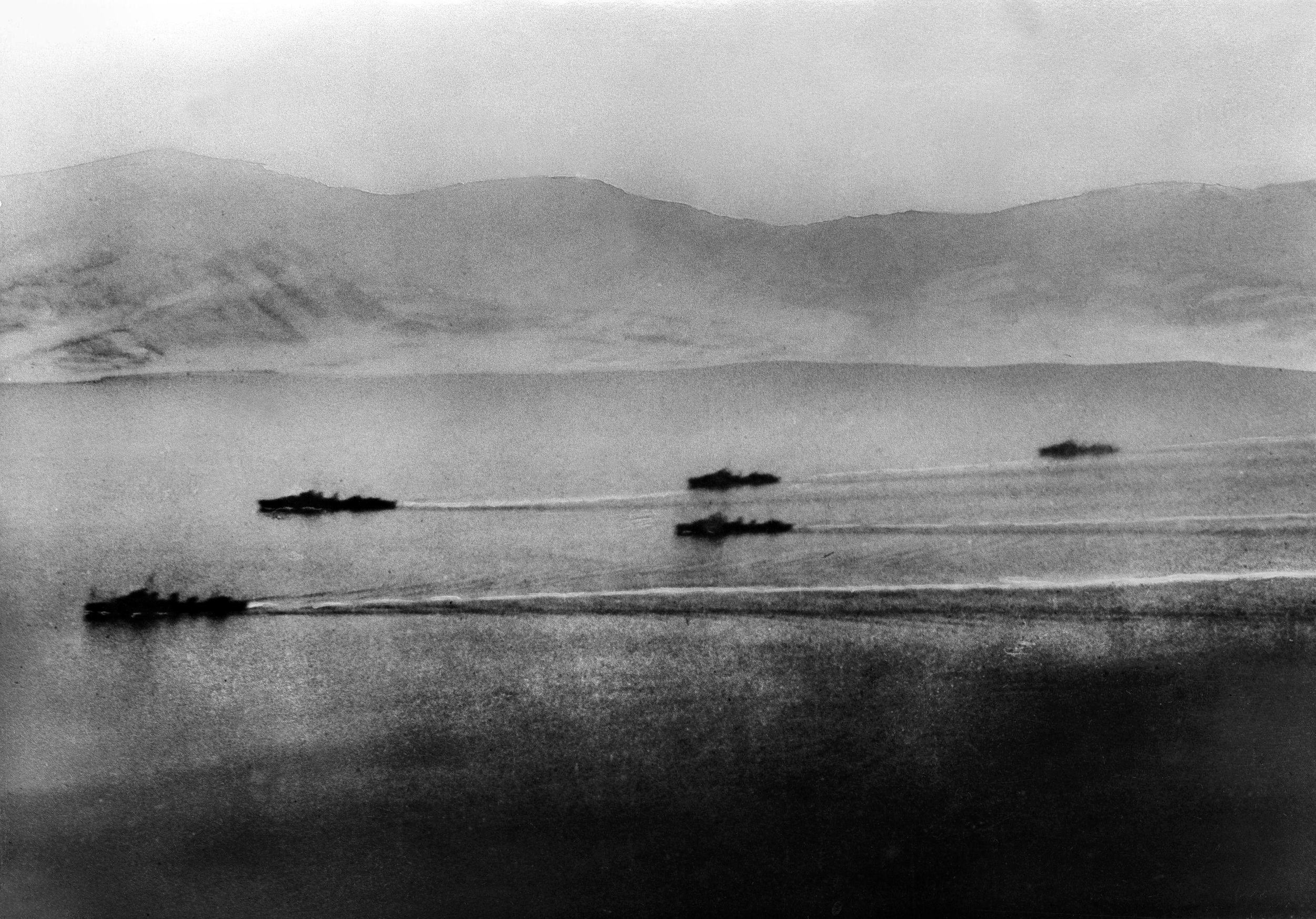 Led by Vice Admiral William Whitworth aboard the flagship HMS Warspite, (not pictured) a British force steams into Norway’s Narvik fjord on April 13, 1940, to defeat the Kriegsmarine fleet anchored there.