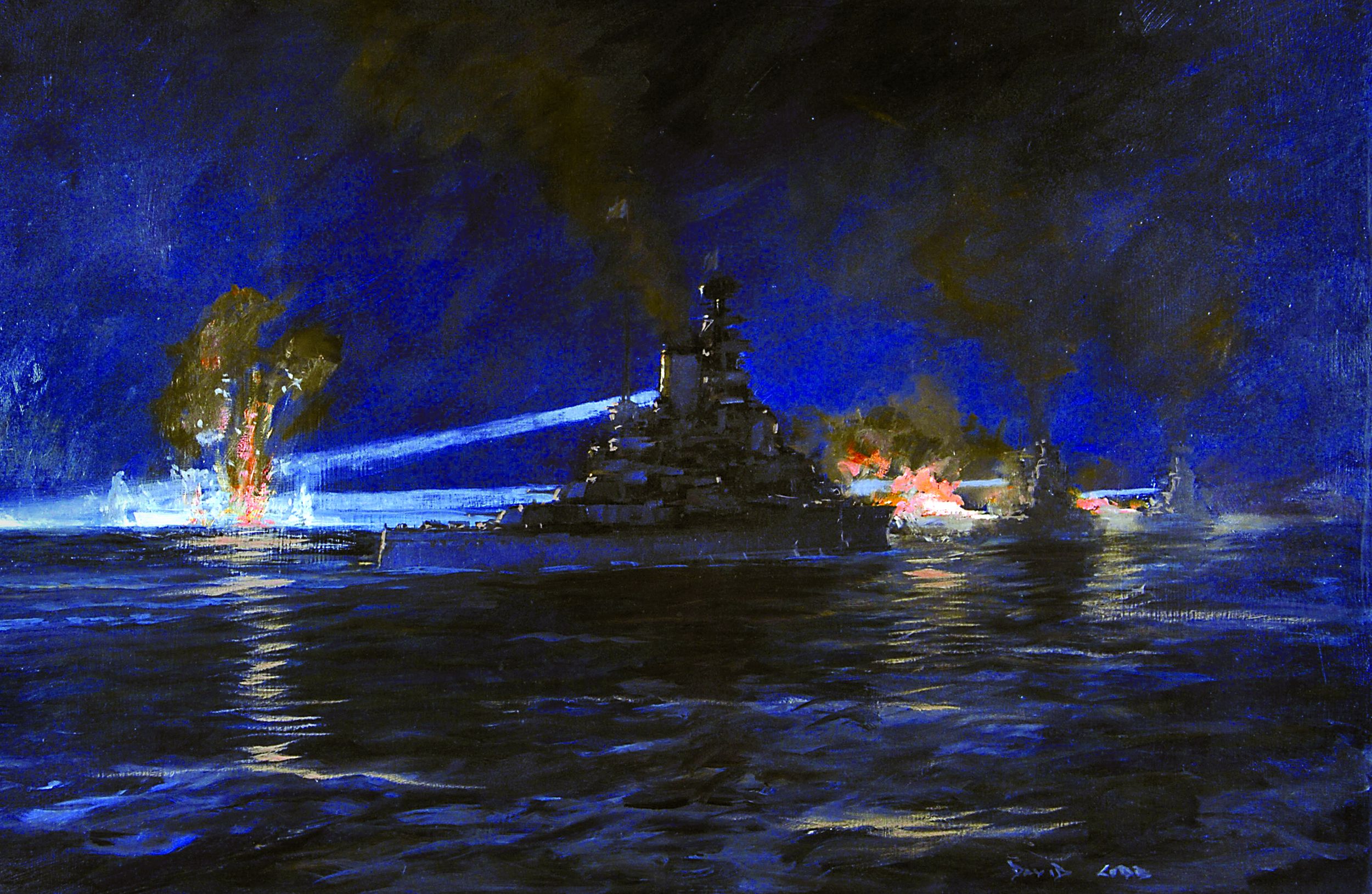 In a painting by Charles David Cobb, the British battleships Warspite, Valiant, and Barham blast the Italian cruisers Fiume and Zara during night action at the Battle of Cape Matapan near Crete on March 28, 1942. The Italian fleet suffered a humilitaing defeat in the pivotal Mediterranean engagement. 