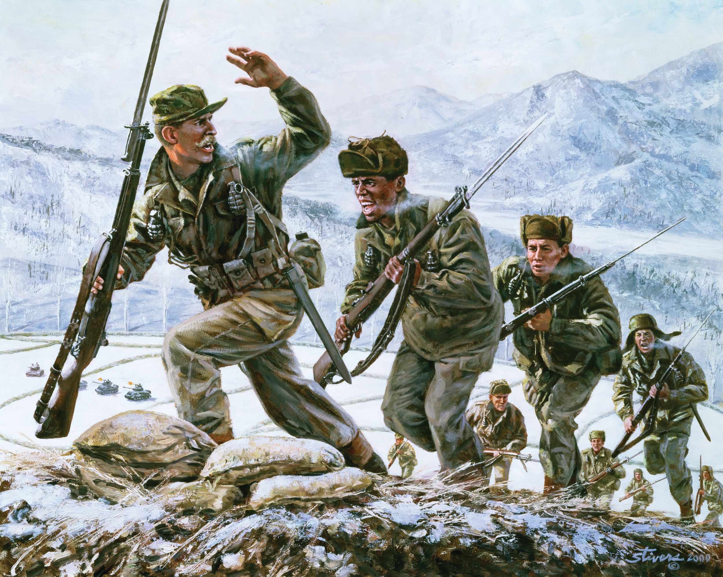 Capt. Lewis Millet earned the Medal of Honor for leading his men in a bayonet charge against Communist forces in Korea in February 1951. Painting by noted historical artist Don Stivers. 