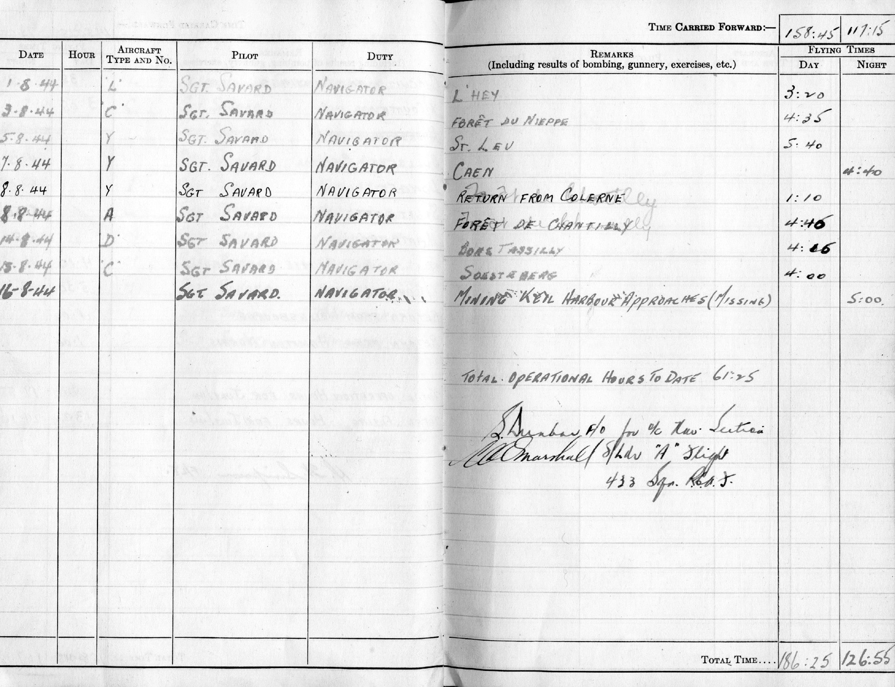 The final two pages from the log book of an RCAF navigator who was killed in action in August 1944 during a mine laying mission near the German port of Kiel.