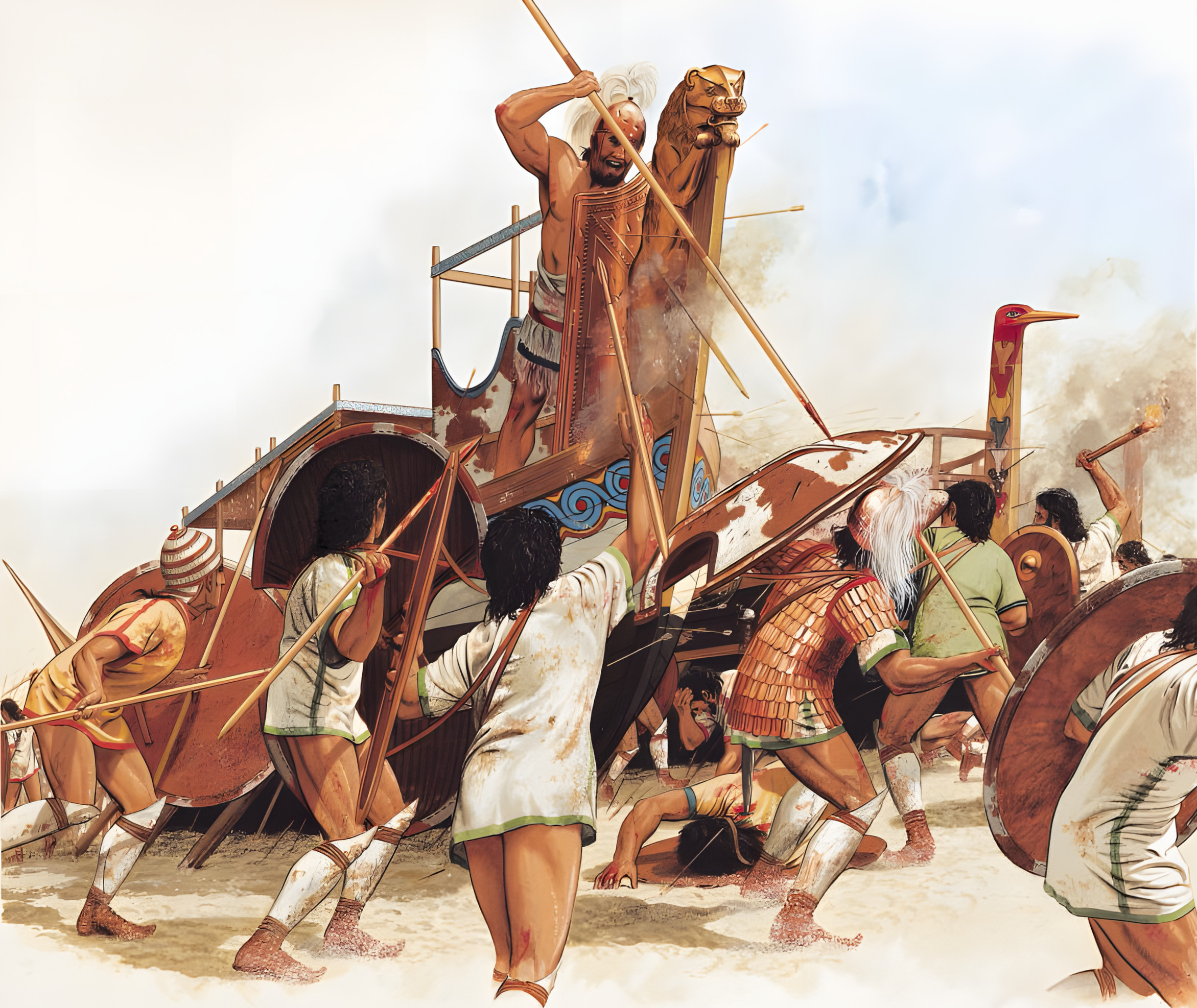 Peter Connelly's rendering of a scene from the Iliad—Ajax defending Greek ships from the Trojans—vividly captures the ferocity of Bronze Age combat.
