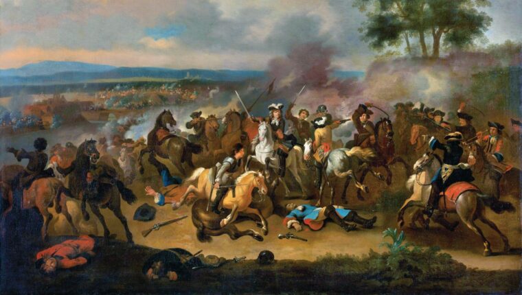 “Battle of the Boyne between James II and William III, 11 June 1690,” by Dutch artist Jan van Huchtenburgh (1647 - 1733). The battle, which took place along the Boyne River some 30 miles north of Dublin, was a major setback in James's attempt to regain the thrones of England and Scotland.