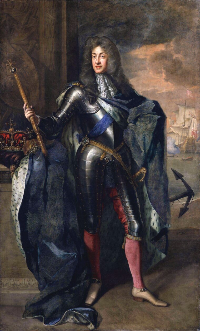 James II, the second son of Charles I, assumed the throne of England after the death of Charles II, his older brother. Before returning to England to serve under his brother, James had been an officer in the French Army, and later with the Spanish Army at the Battle of the Dunes. Detail of a painting by Sir Godfrey Kneller, c. 1685.