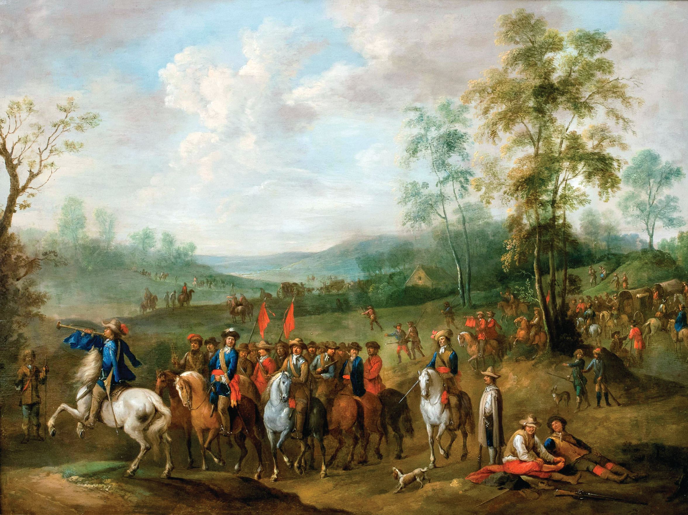 “Approach to the Battle of the Boyne,” by Jan Wyck (1644-1702). William arrived at Carrickfergus in June of 1690 with an army of about 16,000 men, and was soon marching toward Dublin. Once joined with Schomberg, his army would number 36,000 troops, half of which were British, the rest European mercenaries. 