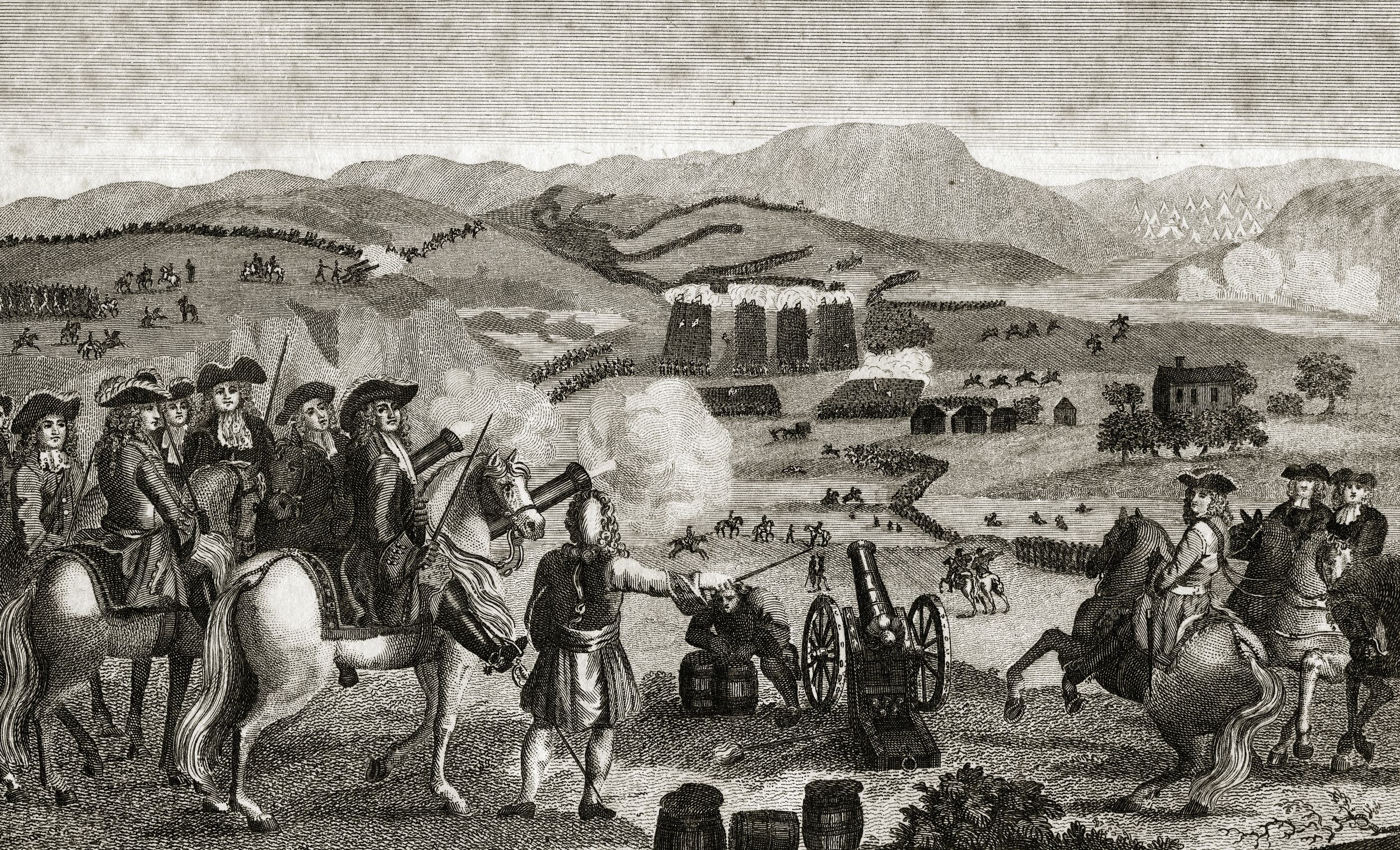 This 1785 engraving based on a work by Jan Wyk, a Danish painter and alleged eyewitness to the Battle of the Boyne, depicts the battle’s opening sequence of opposing artillery units exchanging volleys across the Boyne River valley near the village of Oldbridge. 