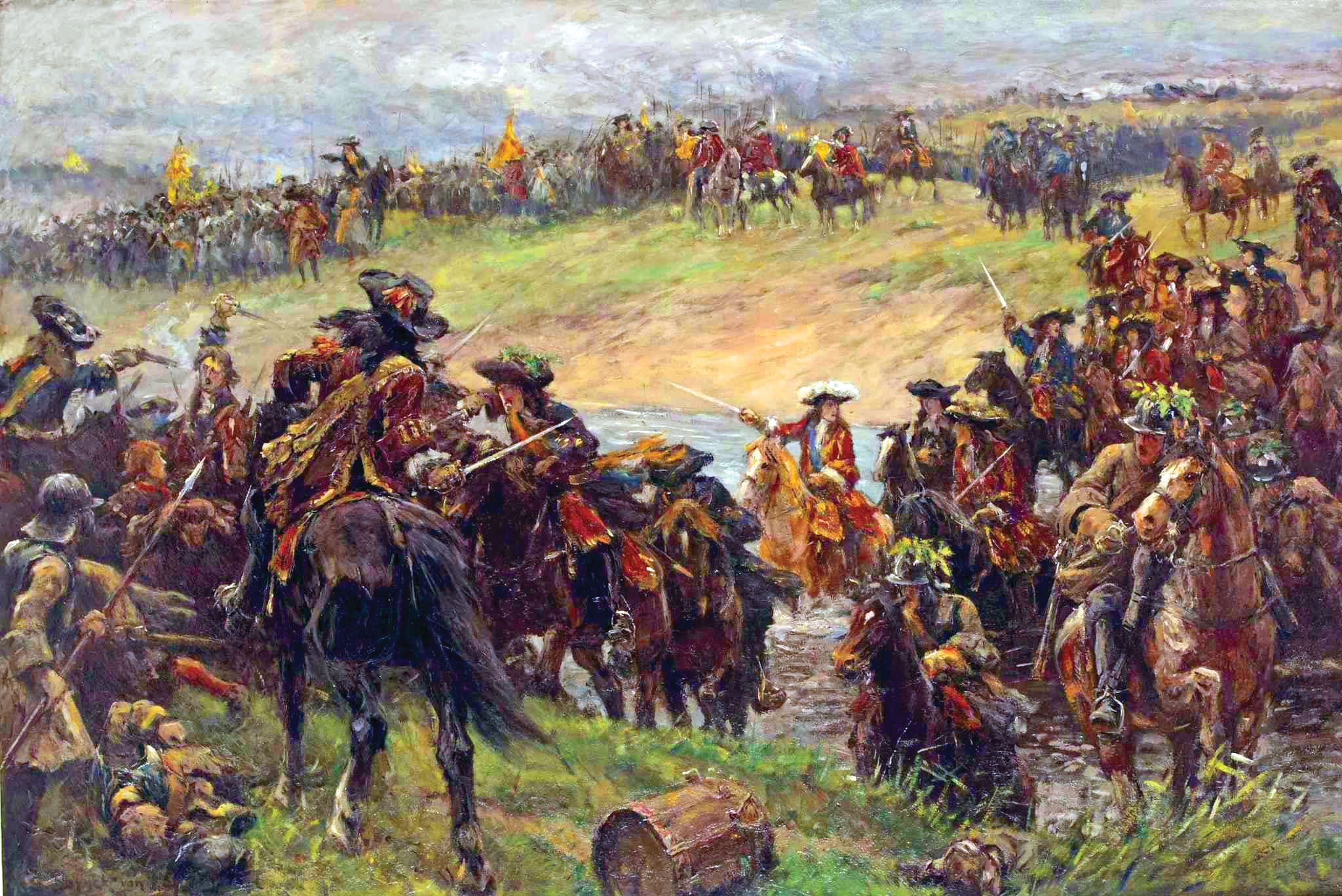 “The Battle of the Boyne, 1690,” by Jan Hoynck van Papendrecht (1858-1933). Horsemen under King William III, of England, charge across the River Boyne north of Dublin. Though the Williamite Allied army outnumbered the French-Irish Jacobites significantly—36,000 to 24,000—James decided to make a token show before withdrawing. His advisors counseled a retreat, but James thought that if he could delay William in Ireland, it would weaken the king’s hold on the English throne he coveted. 