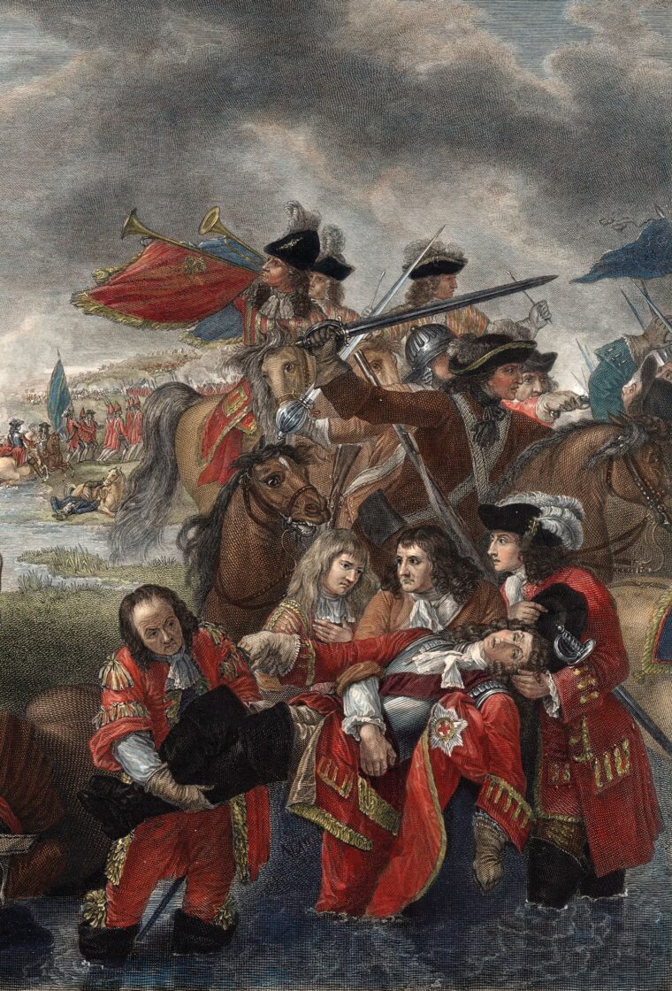 Detail of Benjamin West’s painting, “The Death of Frederick, 1st Duke of Schomberg (1615-1690) at the Battle of the Boyne, 1st July 1690.” After rallying his men, Schomberg rode across the River Boyne to renew the attack on the Jacobites. Recognized by the blue ribbon of his Order of the Garter, he was surrounded by Irish troopers, wounded twice in the head by saber cuts, and was killed instantly by a shot to the neck by Cahir O'Toole of Ballyhubbock. 