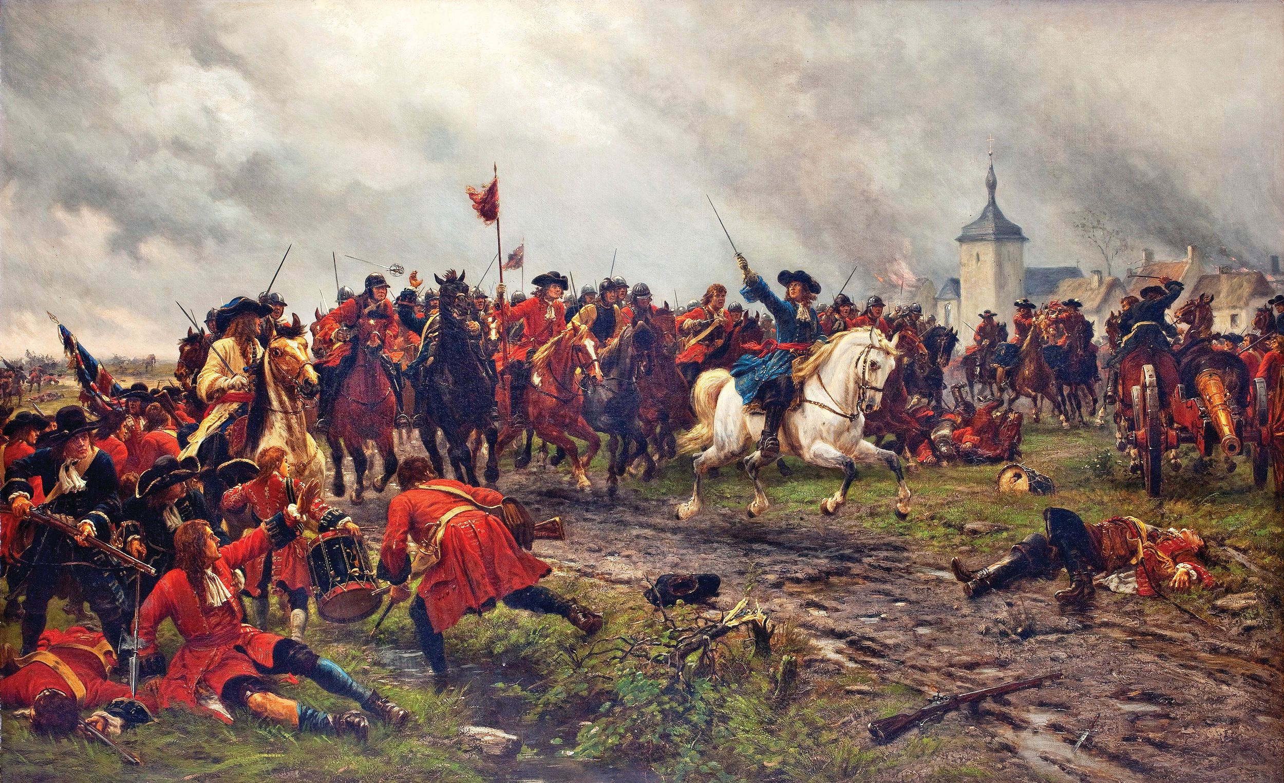 “William III at the battle at Landen,” by Ernest Crofts (1846-1911). King William III leads his cavalry in the Battle of Landen in the Spanish Netherlands (part of modern Belgium). French forces commanded by Marshal Luxembourg (François Henri de Montmorency-Bouteville, Duke of Piney-Luxembourg) defeated the Allies under William in July, 1693. The action was part of the Nine Years’ War (1688 to 1697), a power struggle between Catholic France and the Protestant Grand Alliance.