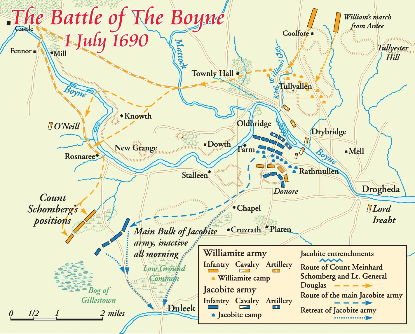 The Jacobites and Williamites in position across the Boyne from each other.