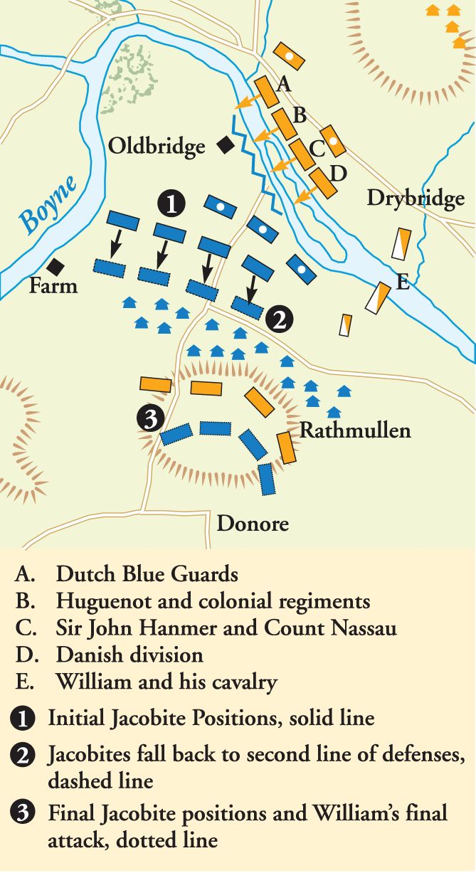 King William III leads his army of Williamites across the river to attack James II and the Jacobites at Oldbridge near the town of Drogheda, Ireland.