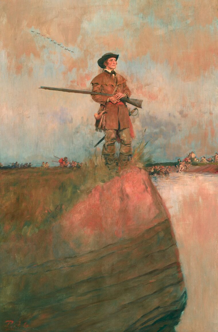 “George Rogers Clark on His Way to Kaskaskia,” a painting by famed American illustrator Howard Pyle (1854-1911). In the summer of 1778, Clark and fewer than 200 men traveled down the Ohio to the mouth of the Tennessee River (at present day Paducah, Kentucky), then 120 miles overland to capture the Illinois Country outposts of Kaskaskia, Prairie du Rocher, and Cahokia along the Mississippi River, near St. Louis. On July 4, Clark took the fort and town of Kaskaskia, once a small French-Canadian outpost without firing a shot. Though under British rule, these posts were populated by French settlers who had no great affection for the British.