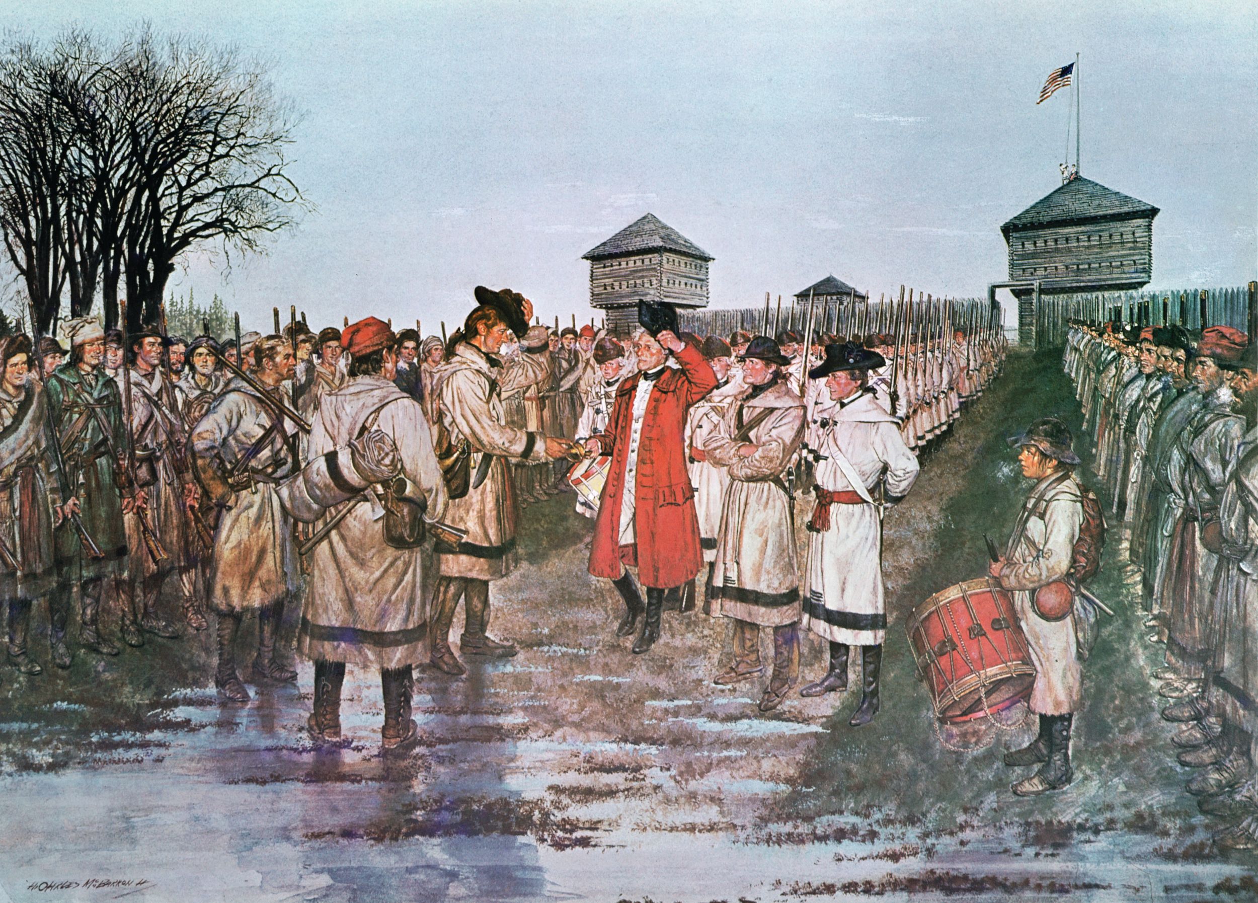 British Lieutenant Governor Henry Hamilton salutes George Rogers Clark after leading his men out of Fort Sackville to surrender to the rain soaked, and ragged frontiersmen. Hamilton and his men were marched in chains to Williamsburg, Virginia.