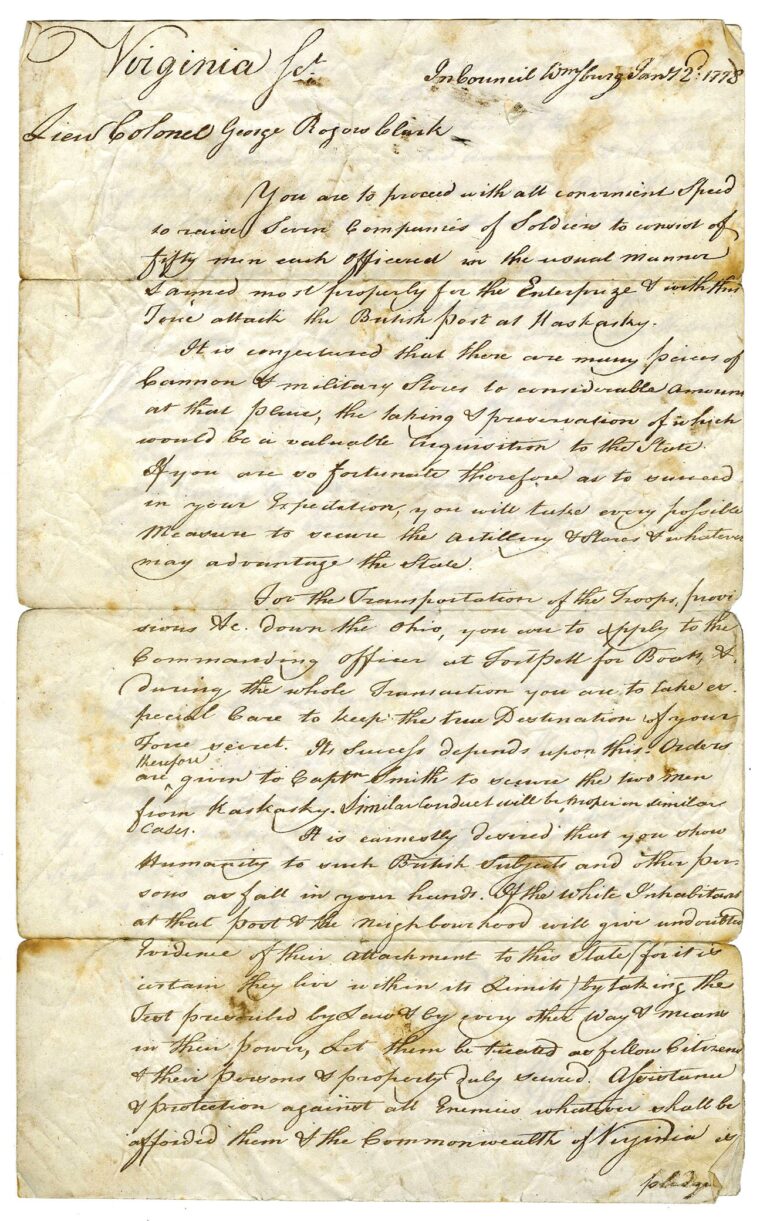 George Rogers Clark, 25, presented his plan to seize British frontier outposts to Virginia Governor Patrick Henry in Williamsburg on December 10, 1777.