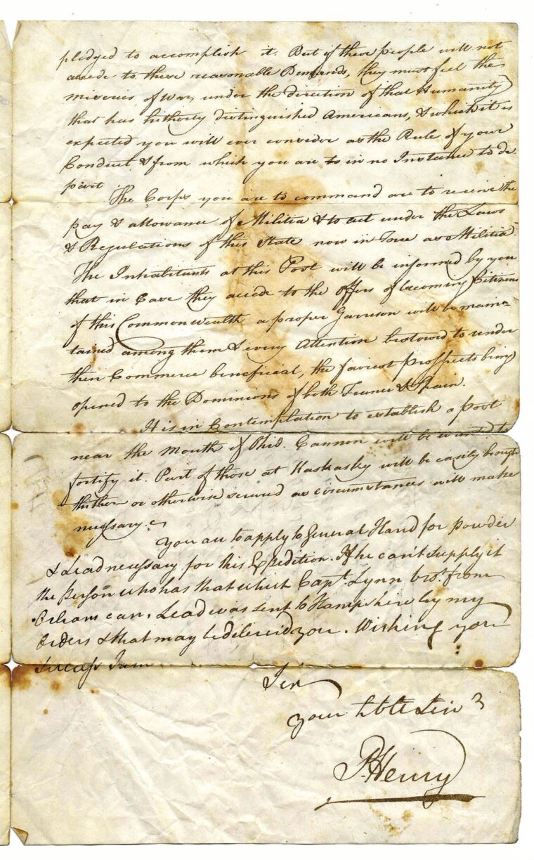 Henry provided Clark with authorization to conduct the military campaign, providing these secret documents dated January 2, 1778, to avoid alerting the British and their Indian allies.