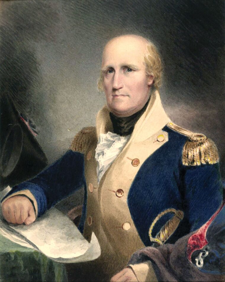 A portrait of George Rogers Clark in middle age. Clark, a brigadier general of Virginia troops during the American Revolution, was 25 when he began the Illinois Country campaign. This watercolor portrait by James Barton Longacre, painted about 1830, is based on an 1820 oil portrait by John Wesley Jarvis done two years after Rogers’ death in 1818. 