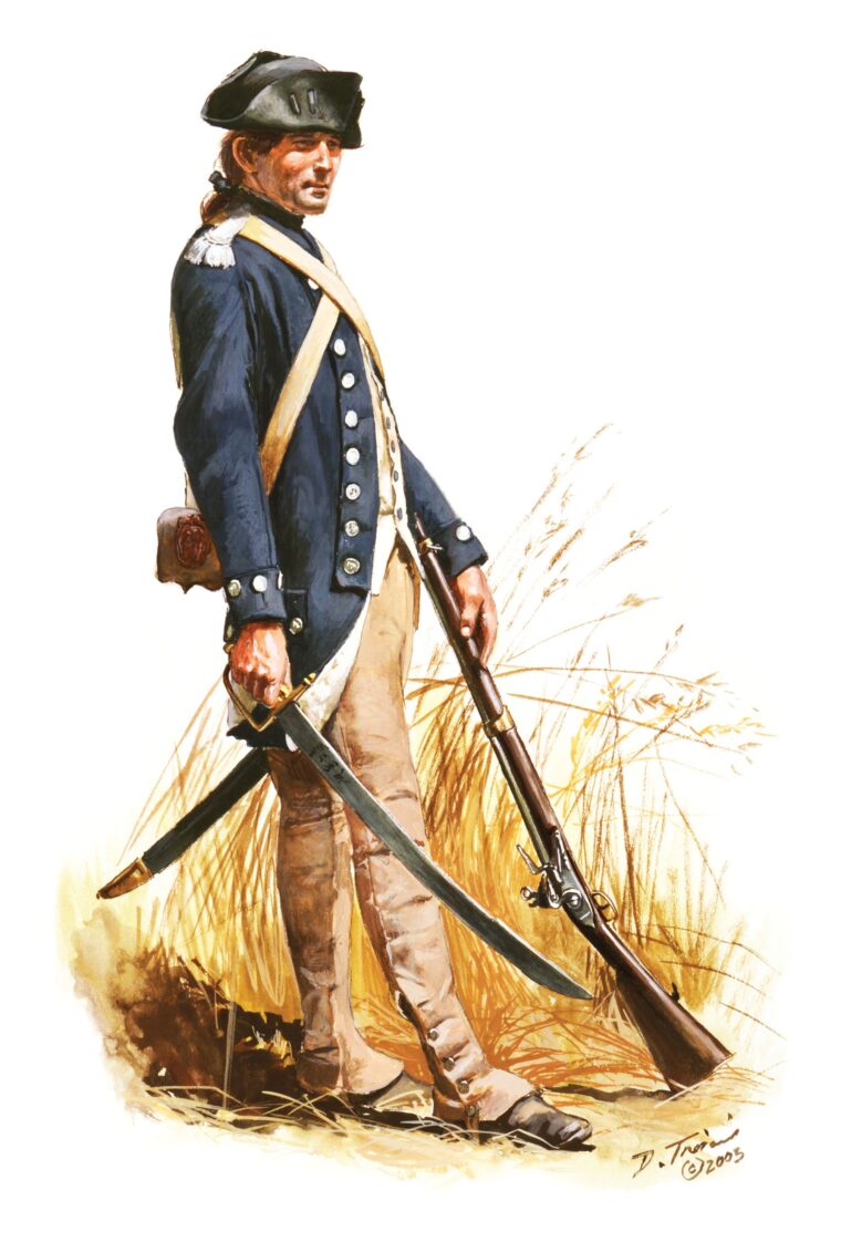 George Rogers Clark’s unit became a Virginia state regiment known as the Illinois Regiment and later recognized as part of the Continental Army. The men were issued uniforms as worn by the sergeant in this Don Troiani painting. 