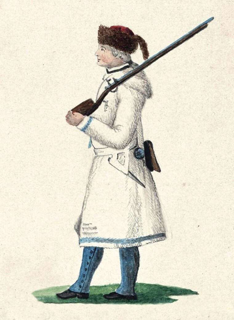 This sketch by Friedrich von Germann shows how a British soldier might be dressed in North America in the winter of 1778—in a blanket coat, with wool leggings, and fur-trimmed “Canadian cap.”