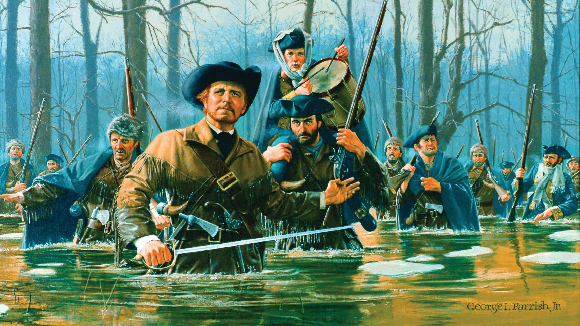 George Rogers Clark and his men trekked nearly 200 miles across what is now Illinois in February 1779. Creeks and rivers flooded by heavy winter rains ranged far beyond their banks, covering open grasslands with several inches of water. On the final push to Vincennes to capture Fort Sackville on the morning of February 22, they faced a vast chest-deep floodplain. Second-in-command, Captain Joseph Bowman kept a detailed journal of the campaign, detailing the difficult surprise march on the British outpost.