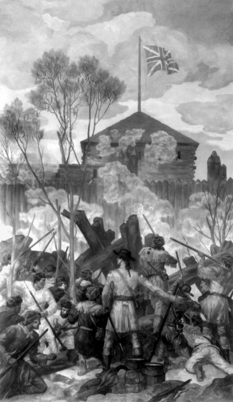 This copy of a painting by Ezra Winter (circa 1933-34) shows George Rogers Clark and his men firing on Fort Sackville at Vincennes in February 1779 after British Lt. Col. Henry Hamilton refused Clark’s first demand to surrender.