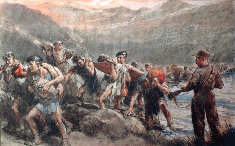 “Crossing the Imjin,” a watercolor by Gordon Nicoll, depicts Gloucestershire Regiment POWs crossing back north over the Imjin River under watch of Communist guards in Korea in 1951.