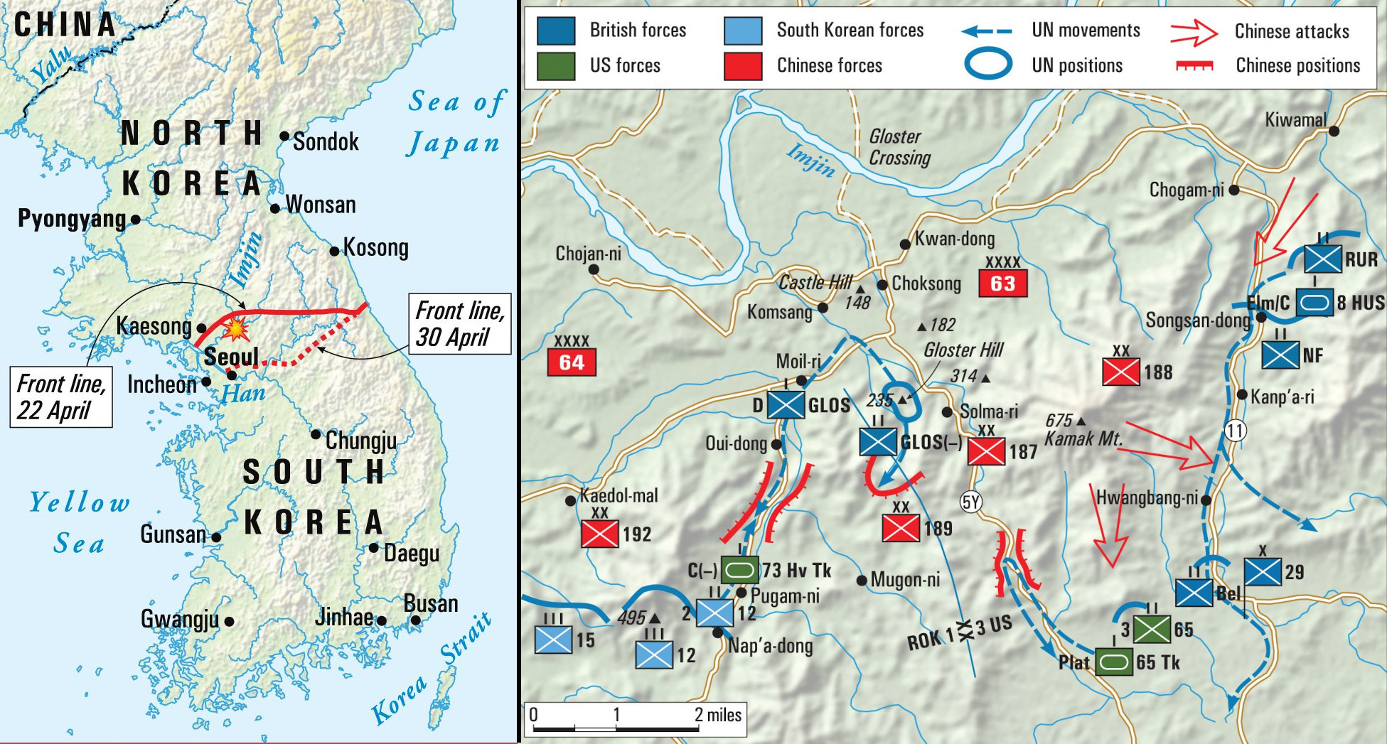 A map of the British 29th Independent Infantry Brigade sector. In April of 1951, Chinese forces launched an offensive to capture the South Korean capital of Seoul.  In the Battle of Imjin River (April 22-25) some 700 men of Gloucestershire Regiment, along with C Troop of 170th Independent Mortar Battery were surrounded, but held their ground until their ammunition ran out, against more than 10,000 Chinese troops. 