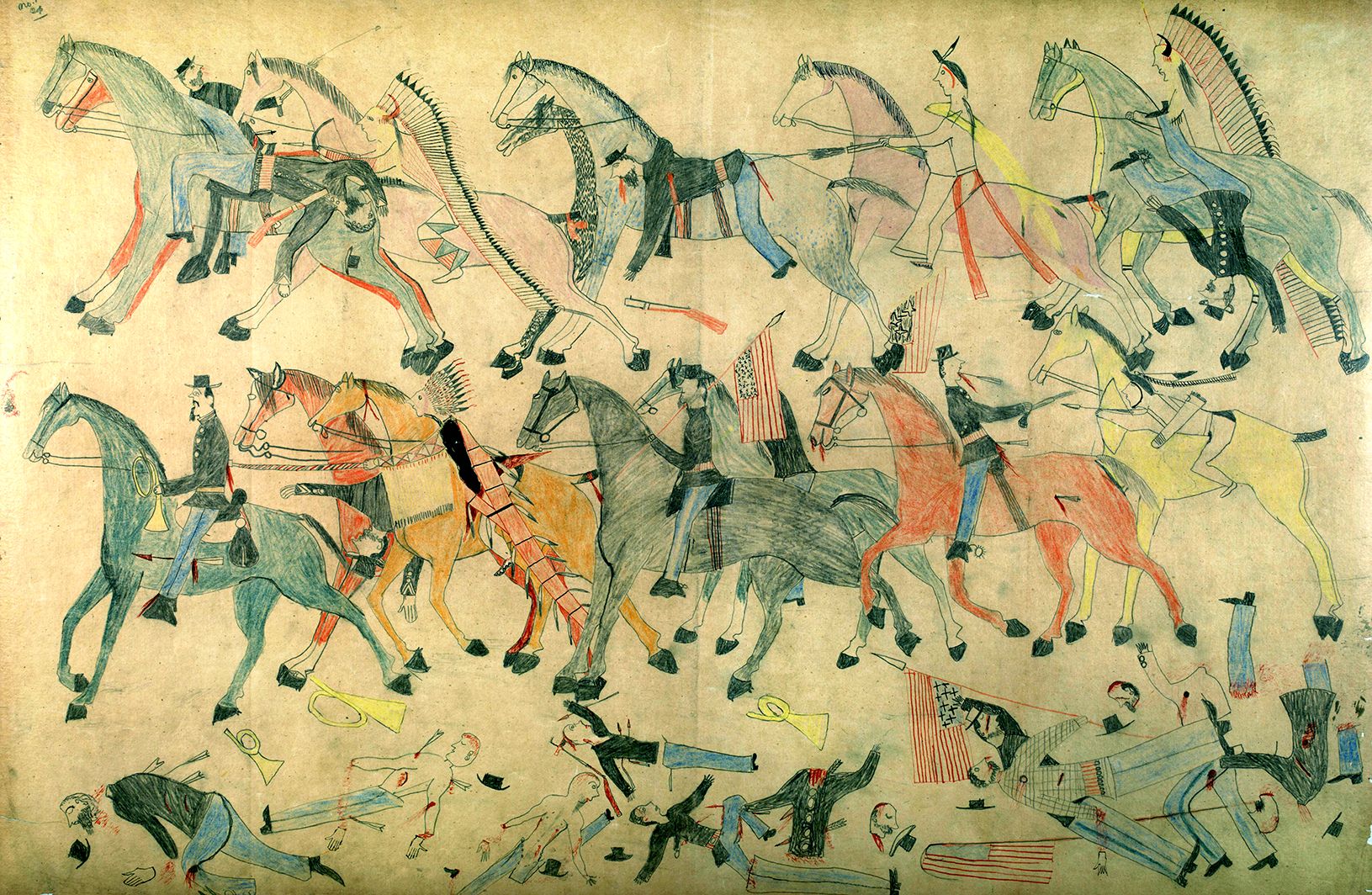 One of 42 drawings made by Chief Red Horse, a Minneconjou Lakota Sioux warrior (1822-1907), of his impression of Major Reno’s attack on the Indian village as it was routed by the Lakota and Cheyenne warriors in the opening stage of the battle.  Of the 400 men in Reno’s battalion who retreated up the bluffs south of the village, 53 were killed and 60 were wounded. All 216 men under Custer were killed. Red Horse’s drawings and testimony were finally made public in the 20th century. 