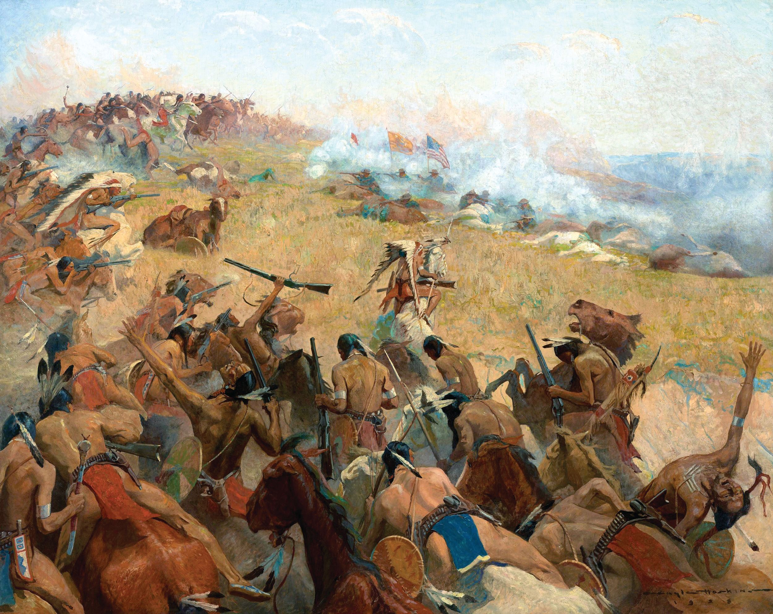 The “Battle of Little Bighorn,” painted by Gayle Porter Hoskins in 1928, depicts the action from the perspective of the Native Americans. The famous conflict, known to the Lakota and other Plains Indians as the Battle of the Greasy Grass, saw the defeat of Lt. Col. George A. Custer and 7th Cavalry Regiment of the U.S. Army on June 25–26, 1876, along the Little Bighorn River in the Crow Indian Reservation in southeastern Montana Territory.