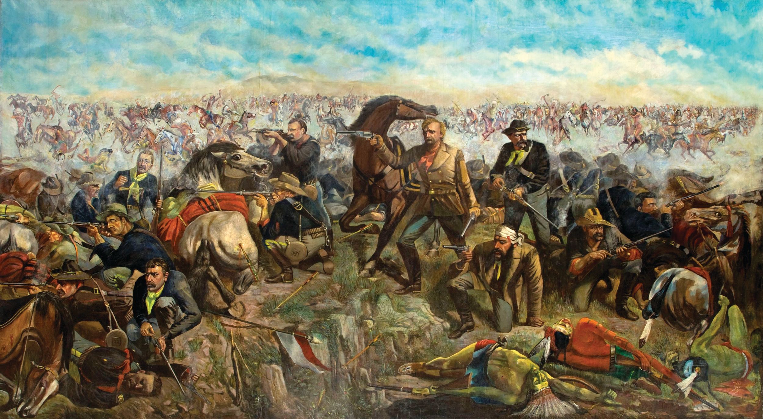 Completed in 1881, “Custer’s Last Rally,” by John Mulvany is believed to be the first artistic rendering of the famous battle. The poet Walt Whitman, who memorialized the battle in verse in 1876 (“From Far Dakota's Cañons”) considered it one of his favorite paintings. Painted in oil on heavy canvas measuring 11 by 20 feet, the mural was a sensation and toured the country for a decade or more with large crowds paying 50 cents (25 cents for children) to view it. 