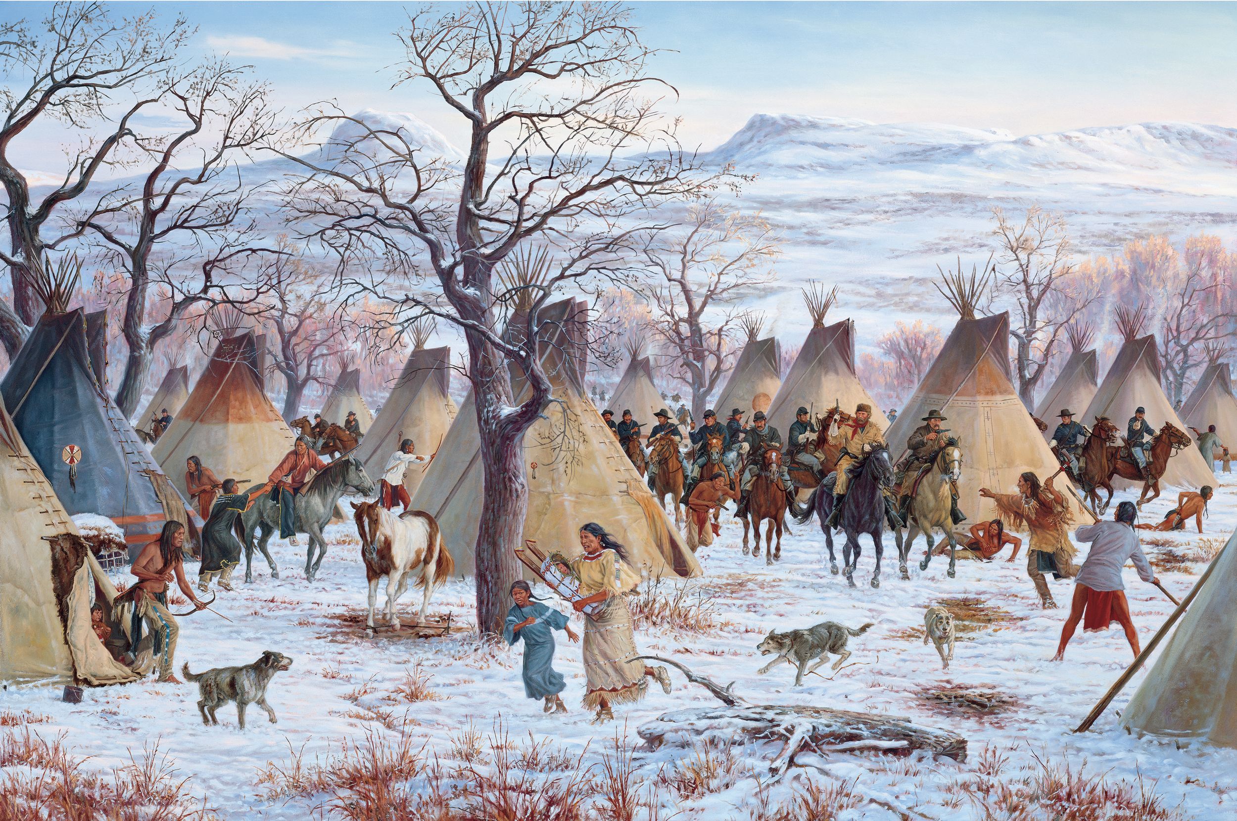 Illustration of Lieutenant Colonel George A. Custer wearing buckskins as he leads the 7th Cavalry charge during the attack on Black Kettle’s Southern Cheyenne camp on the Washita River on November 27, 1868.  During what became known as the “Washita Massacre,” Custer’s men killed women and children.