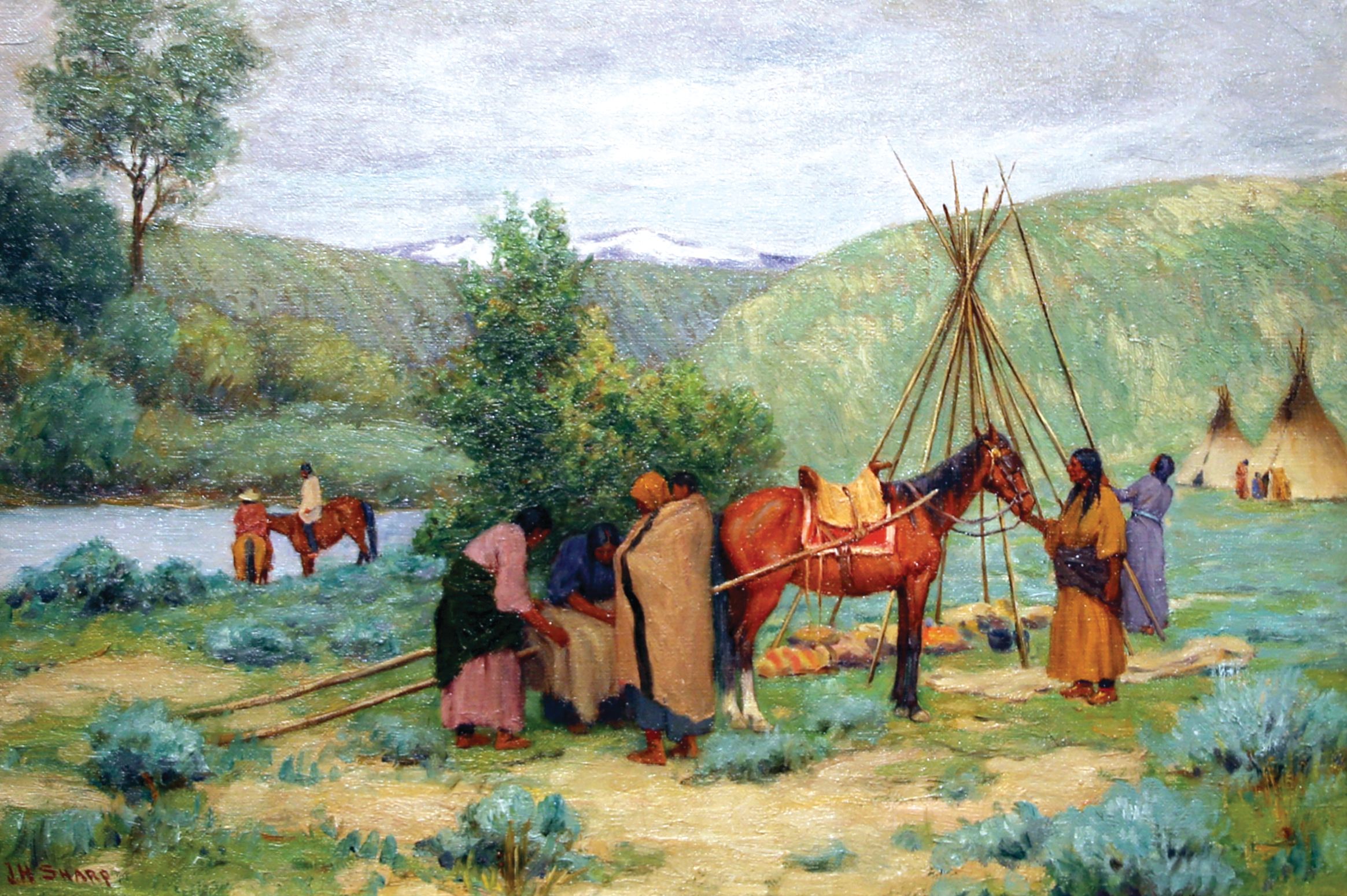 “Setting up Camp, Little Big Horn, Montana,” by Joseph Henry Sharp depicts Crow women preparing their tepees along the Little Big Horn River in early fall. Though initial estimates of  800 “hostiles” present before the Battle of Little Bighorn in June 1876 may have been accurate, by the time the 7th Cavalry arrived, the number had grown to as many as several thousand. 