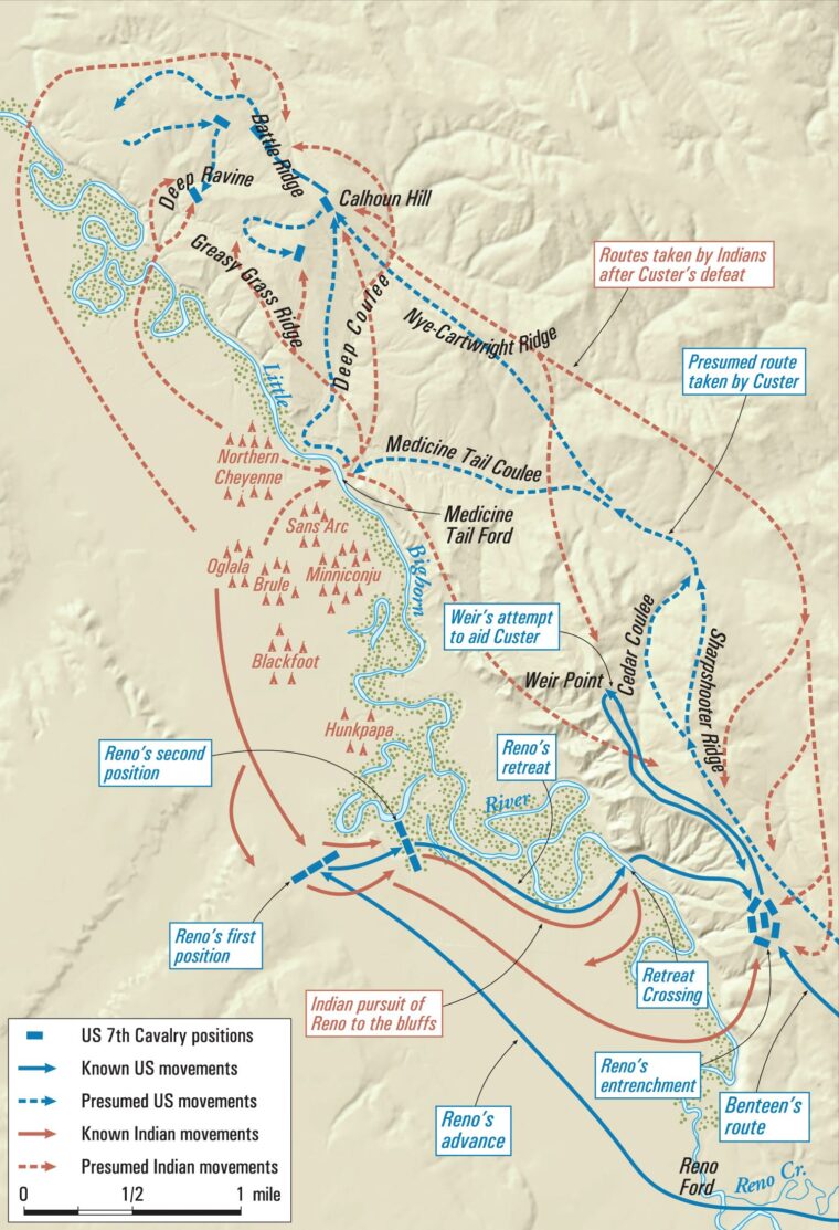  Led by Sitting Bull, some 7,000 traditionally nomadic Lakota, Cheyenne, and Arapaho, left the reservation and were camped  along the Little Bighorn River in Montana. On the morning of June 25, 1876, Gen. George Custer and the 7th Cavalry attacked the camp, which contained 1,500-2,000 warriors. In the ensuing battle, Custer and his brothers, Boston and Thomas, as well as 260 of his men were killed.