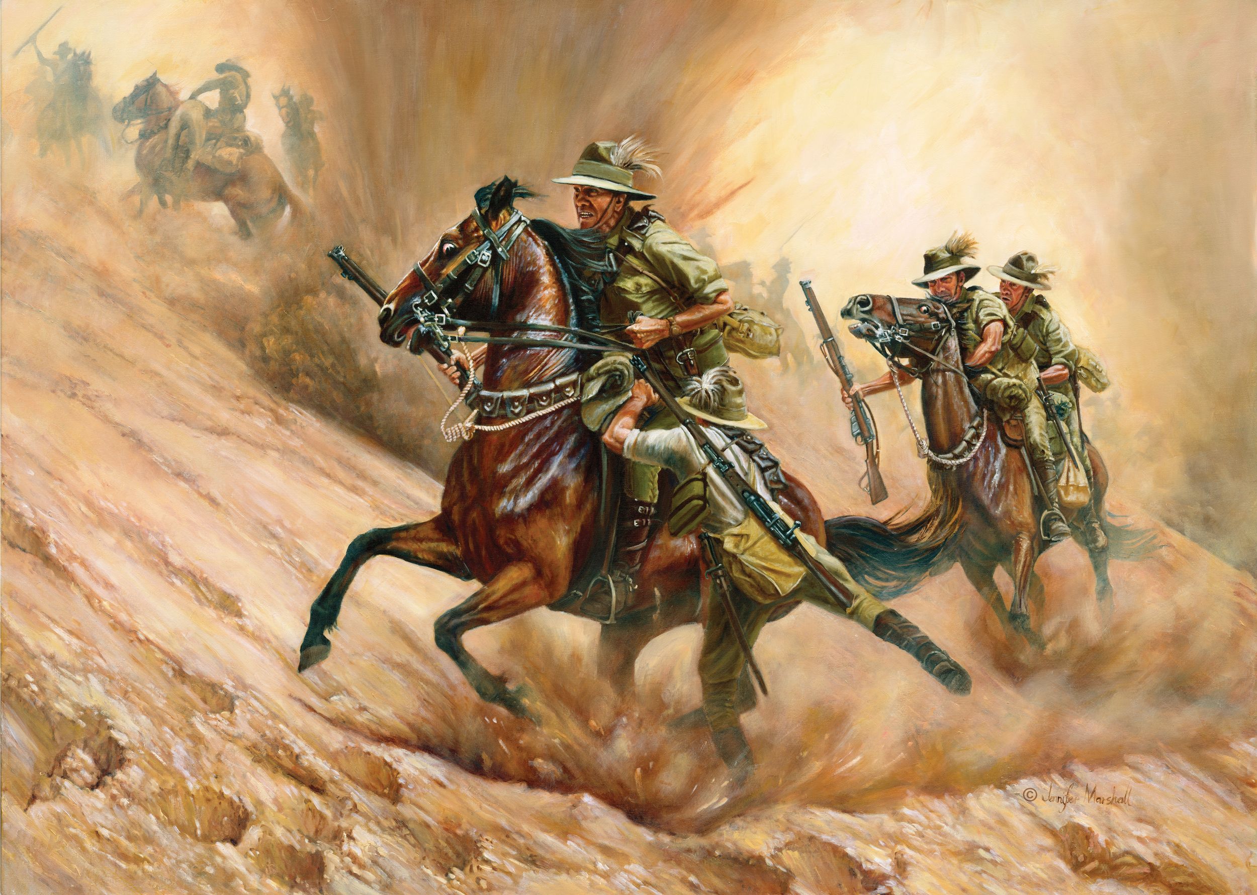 “Rescue and Retreat at Romani,” by Jennifer Marshall depicts Major Michael Shanahan of the 2nd Light Horse Brigade astride “Bill the Bastard” rescuing several soldiers at the Battle of Romani in Egypt. Shanahan was awarded the Distinguished Service Order for his actions on August 5,1916.