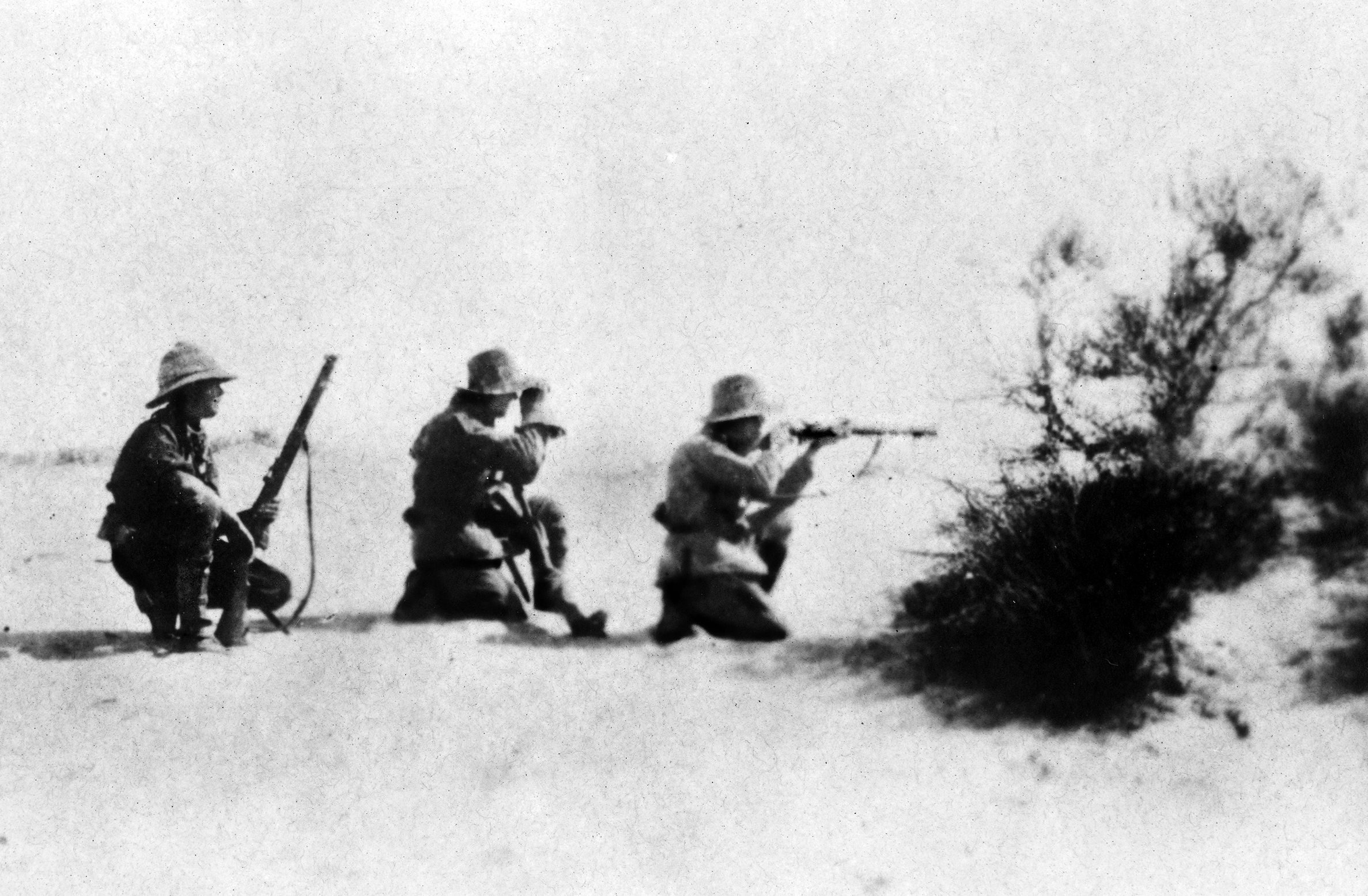 Australian snipers in the Sinai Desert at the Battle of Romani in August 1916. The British used mounted ANZAC troops to great advantage in the pivotal battle of the Sinai and Palestine campaign in the Middle Eastern theater of World War I. 