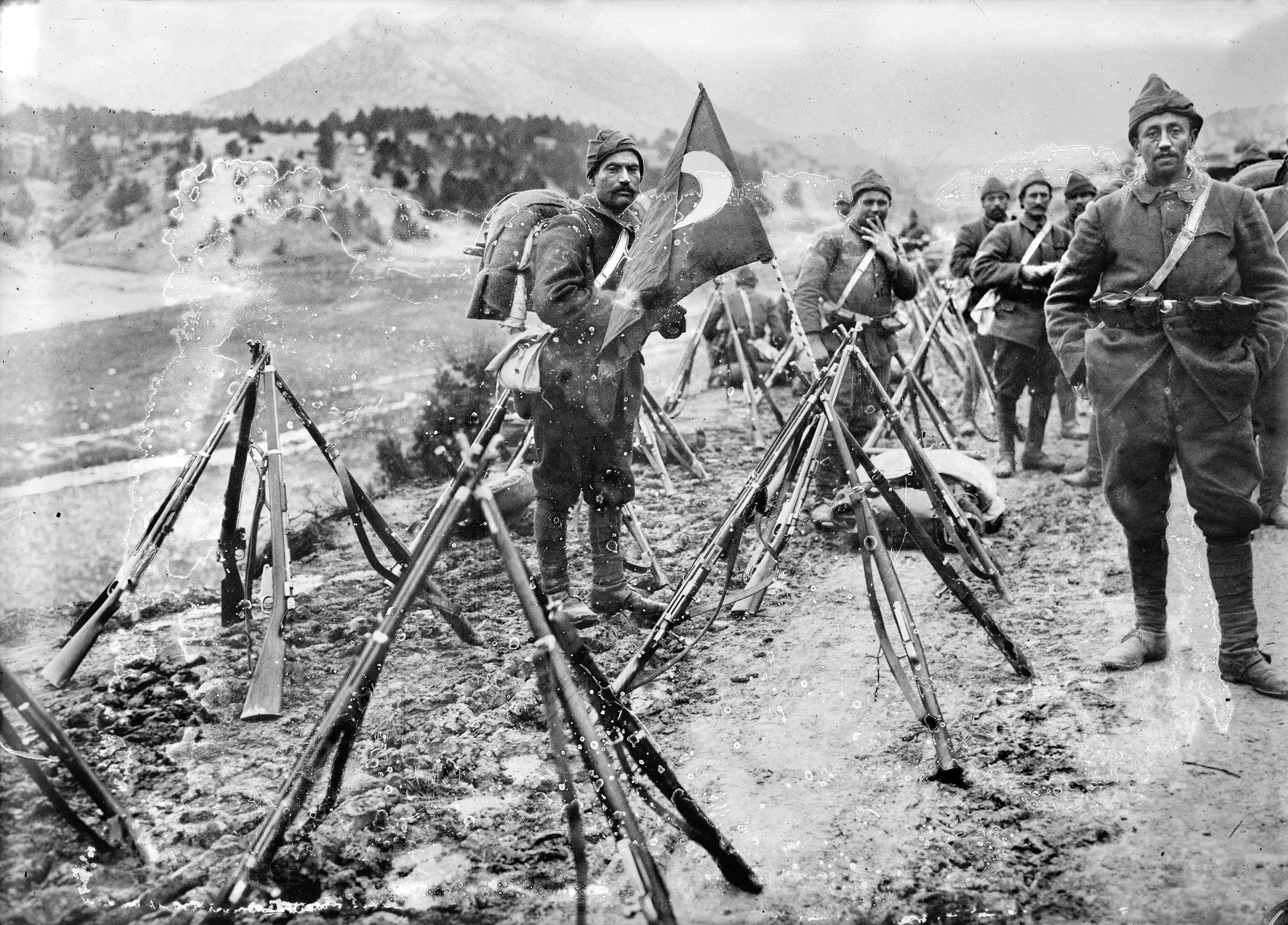 A Turkish infantry column halts on its march across the Sinai Desert to attack the Suez Canal defended by the British Egyptian Expeditionary Force in 1916.  In the Sinai and Palestine campaign during World War I, the British Empire, the French Third Republic, and the Kingdom of Italy fought alongside the Arab Revolt in opposition to the Ottoman Empire, the German Empire, and the Austro-Hungarian Empire. 