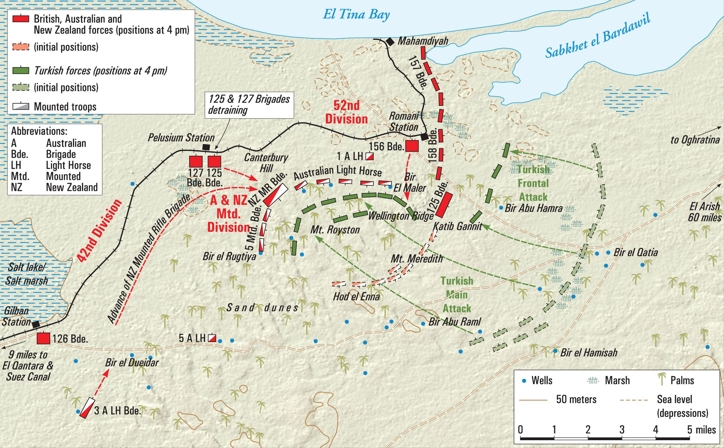 After the Royal Flying Corp reported in mid-July that German Colonel Friedrich Freiherr Kress von Kressenstein was leading some 16,000 Turkish troops west across the Sinai, British command began preparing for another attack on the Suez Canal. At the Battle of Romani (August 3-5, 1916) the British slowed the enemy advance using screens made up of mounted units—Australian Light Horse, New Zealand Mounted Rifles and Yeomanry regiments—that slowed the Ottoman advance, then fell back to a series of strongpoints. When the main battle was engaged those same mounted troops attacked the Turkish flanks and rear.