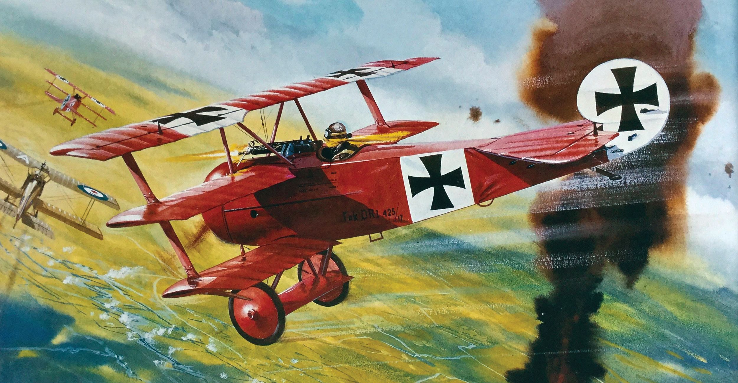 Fokker Dr1 Triplane of the type flown by Baron Manfred von Richthofen, the “Red Baron,” from an Airfix model kit featuring art by Roy Cross.