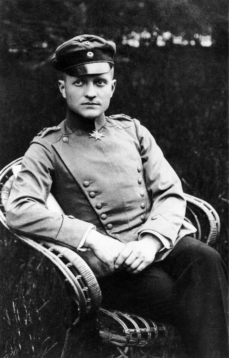 Photo of Baron Manfred von Richthofen wearing the Blue Max (Pour le Mérite) he received in January, 1917, after his 16th confirmed kill.